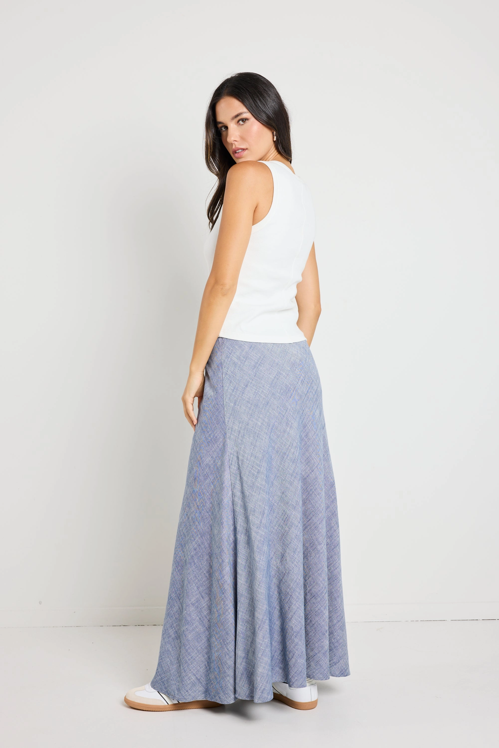 Lagos Chambray Blue Linen Blend Bias Cut Maxi Skirt Figure Flattering Resort Vacation