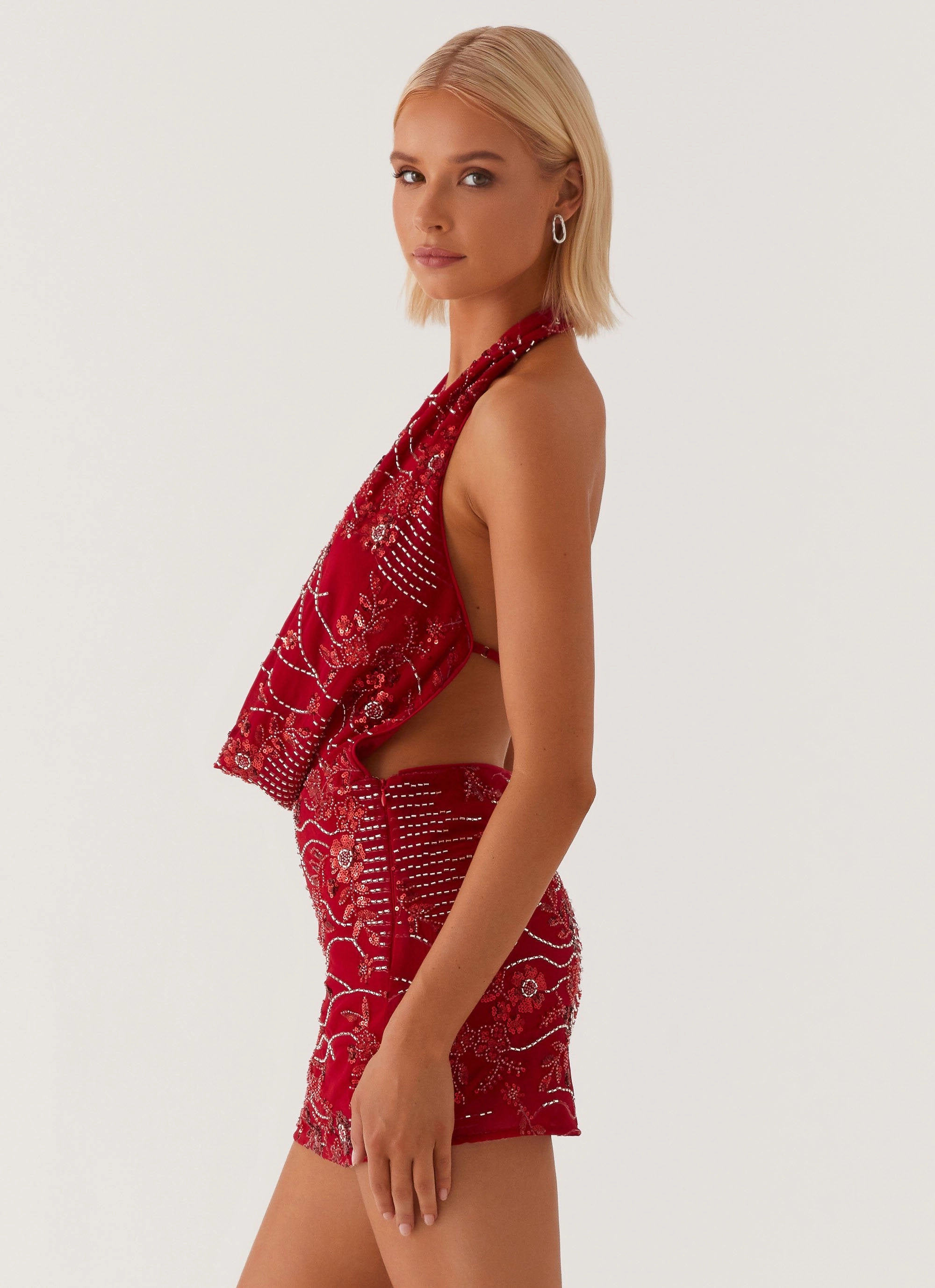 Versatile occasion dress Vibrant color dress Olisa Cowl Neck Beaded Mini Dress - Red