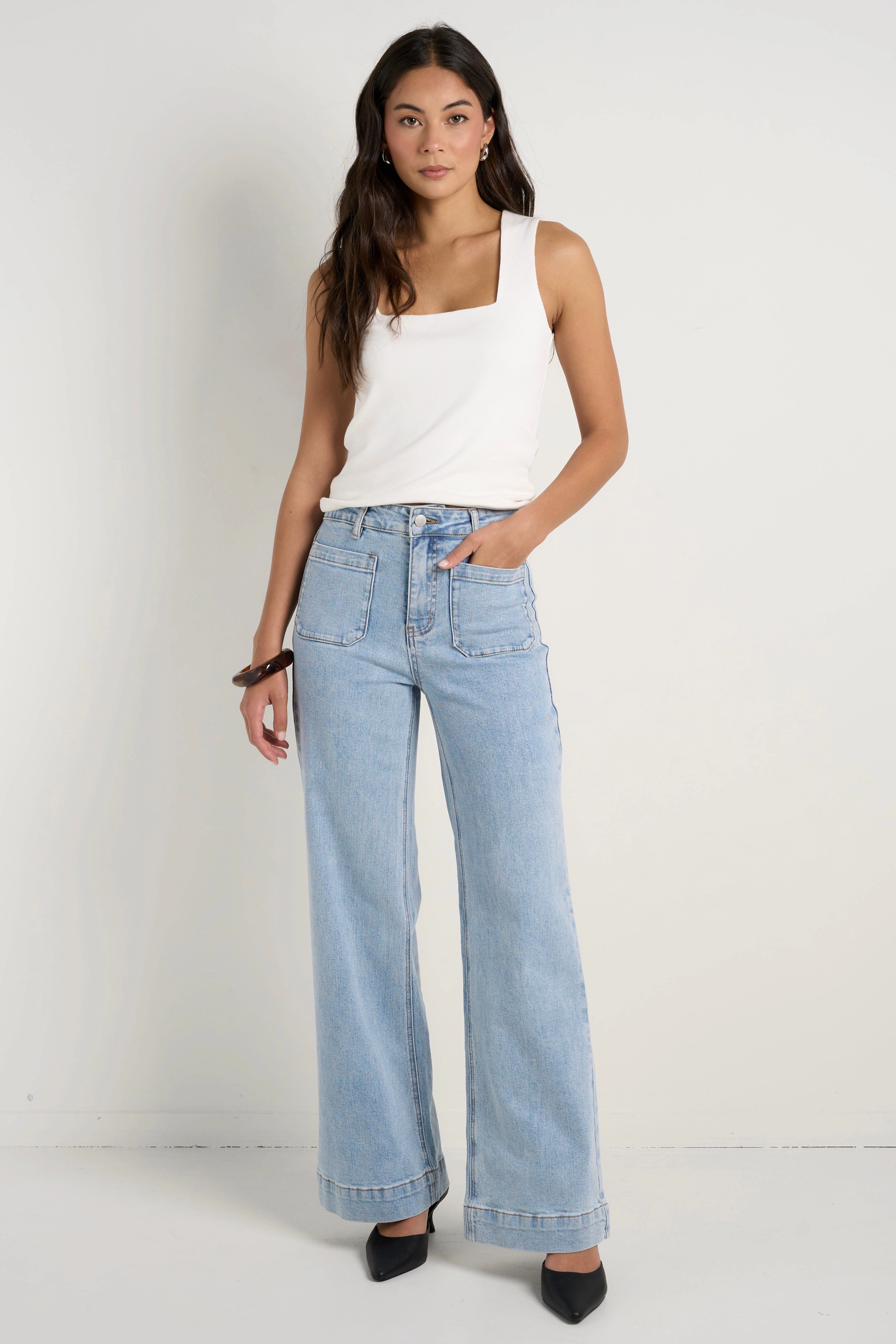 Brunch Outfit Vintage Lover Formal Sustainable Dye Methods Zoey Light Blue High Rise Wide Leg Pocket Jean