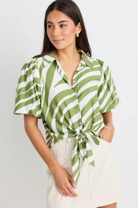 Elegant Look Compact Weave Fabric Exemption Green Zebra Tie Front SS Shirt