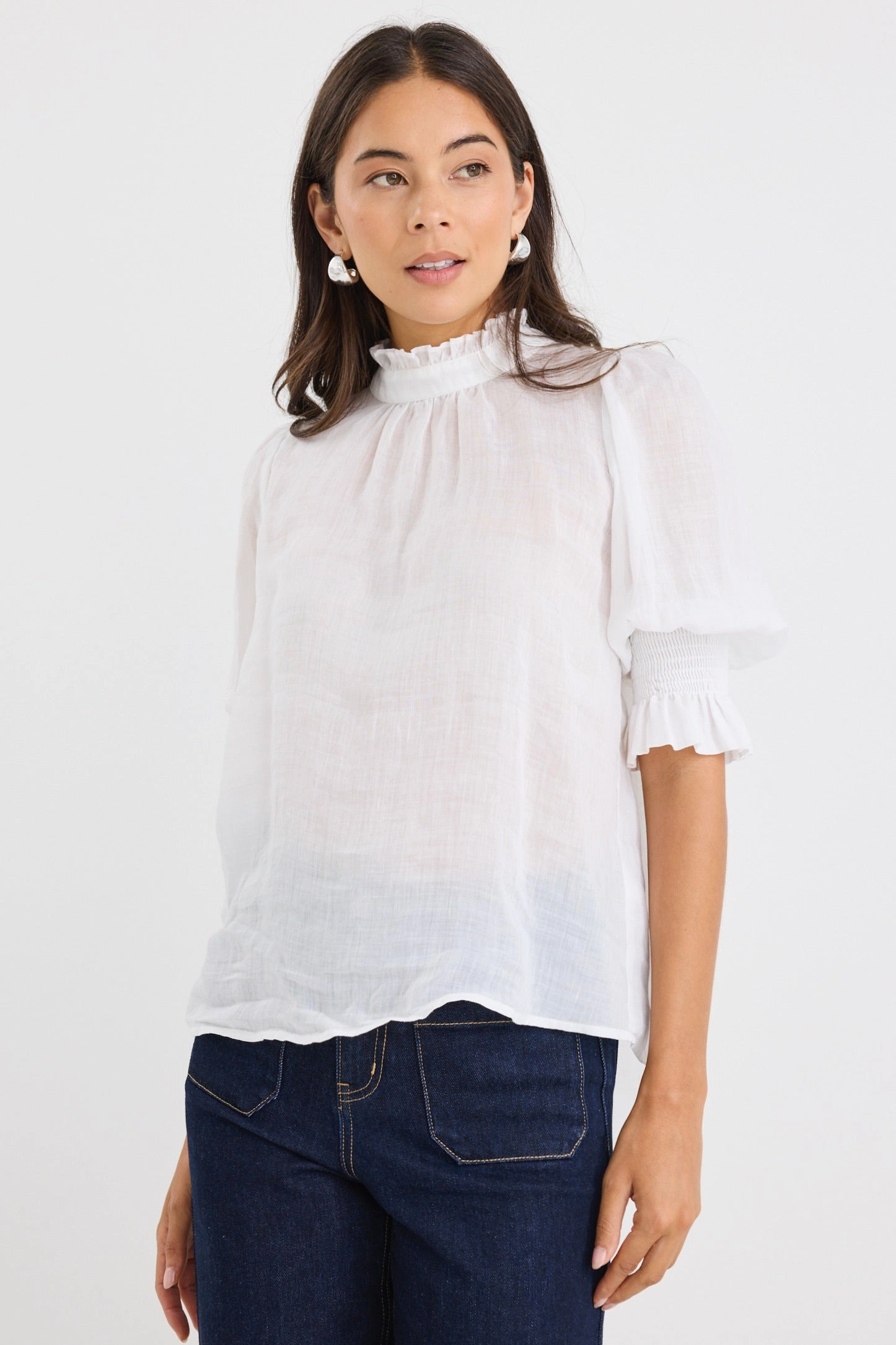 Verse Ivory Sheer High Neck Short Sleeve Top Modern Polo