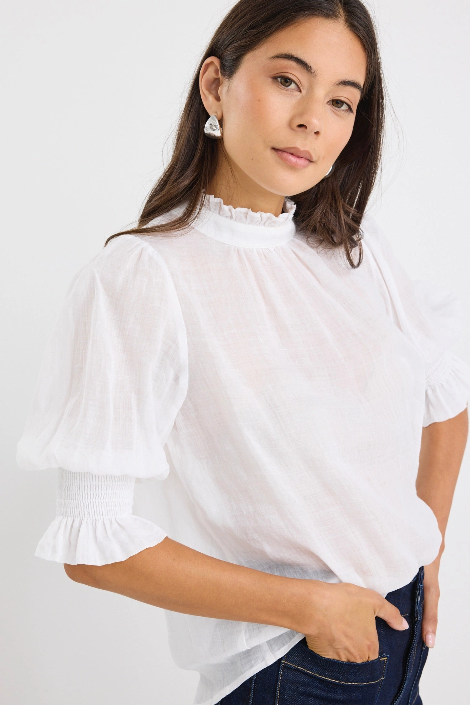 Verse Ivory Sheer High Neck Short Sleeve Top Quick-Dry Fabric RollUpCuff