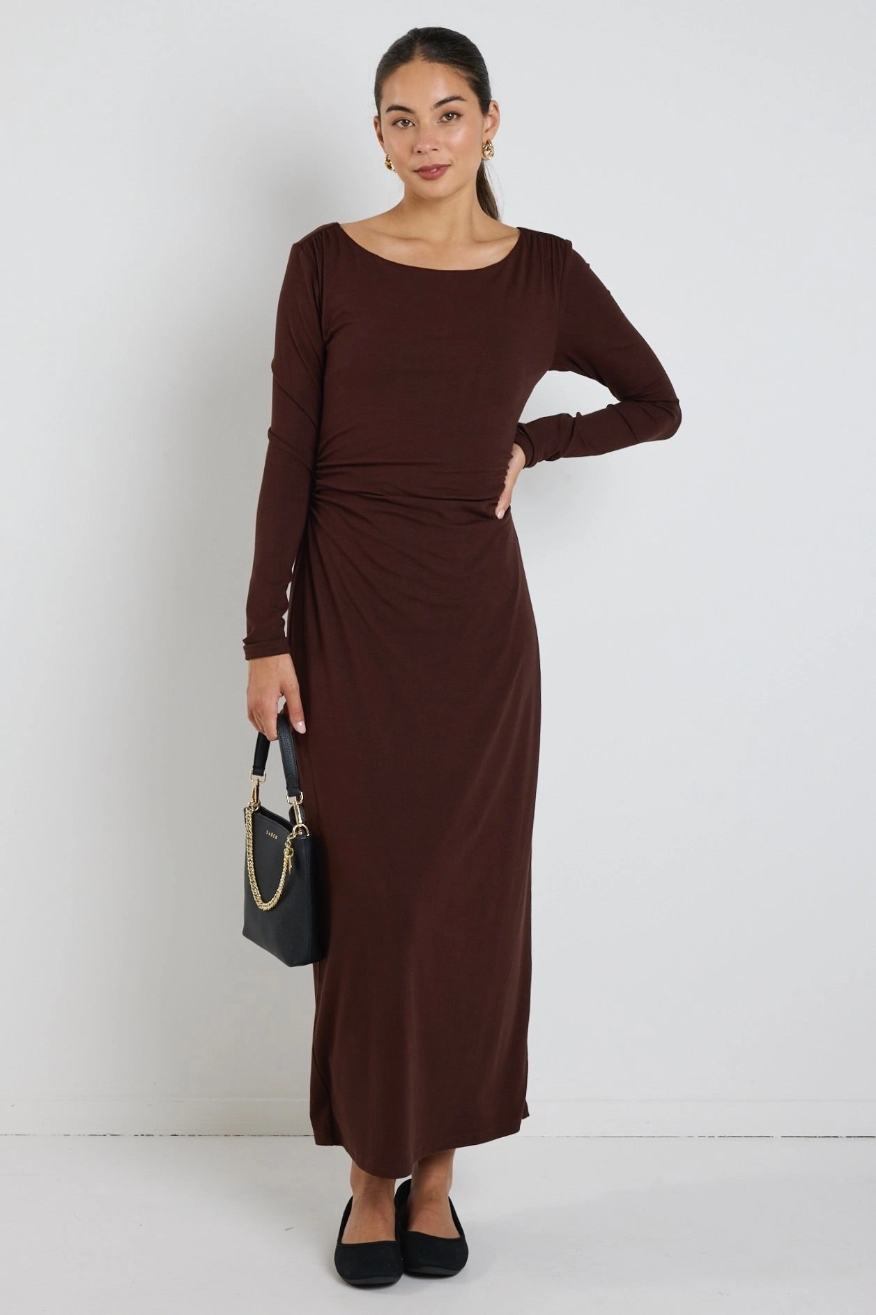 classic waist Vertigo Dark Chocolate Jersey LS Midi Dress