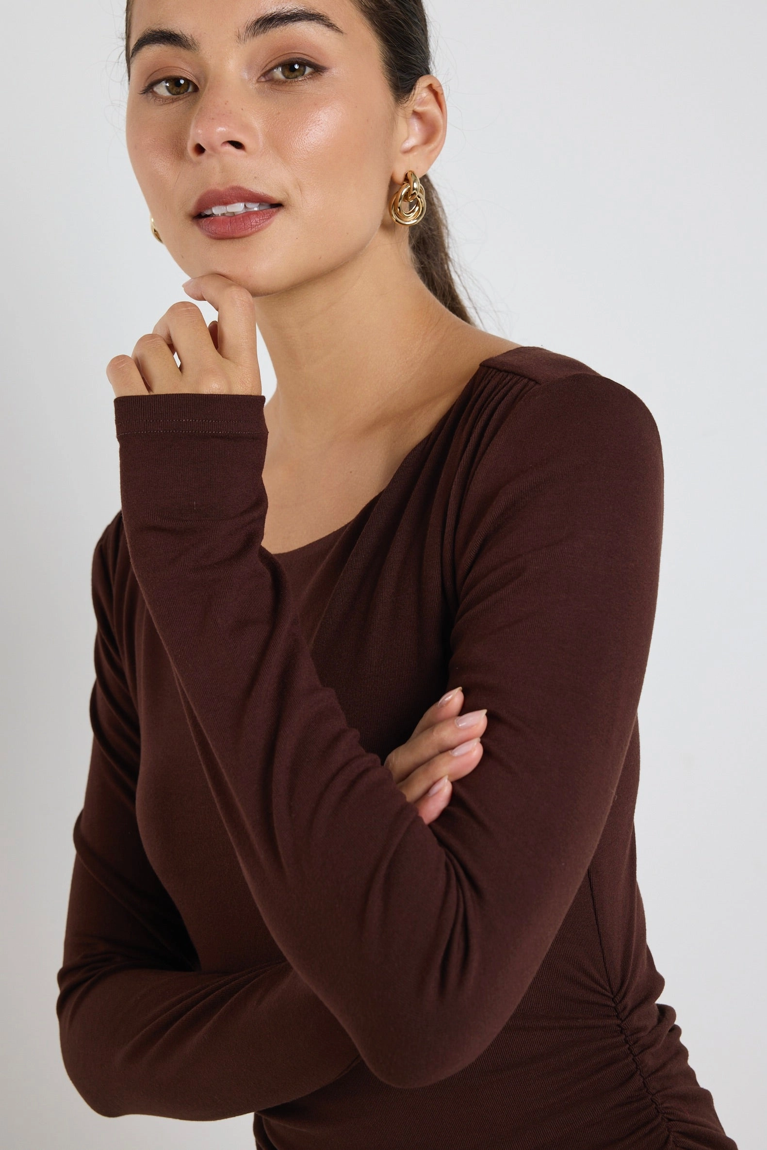 Figure-Skimming Vertigo Dark Chocolate Jersey LS Midi Dress