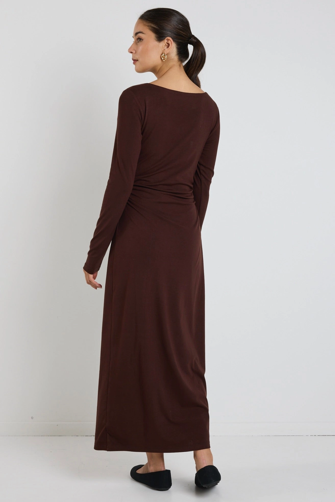Vertigo Dark Chocolate Jersey LS Midi Dress Elegant Waist Removable-Straps