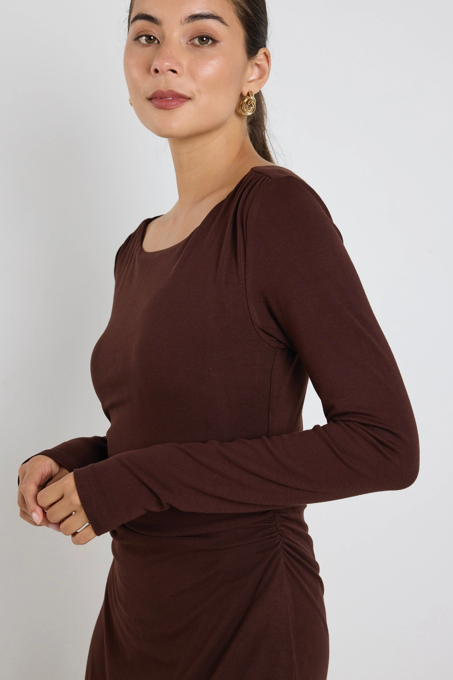Layered Fit Vertigo Dark Chocolate Jersey LS Midi Dress