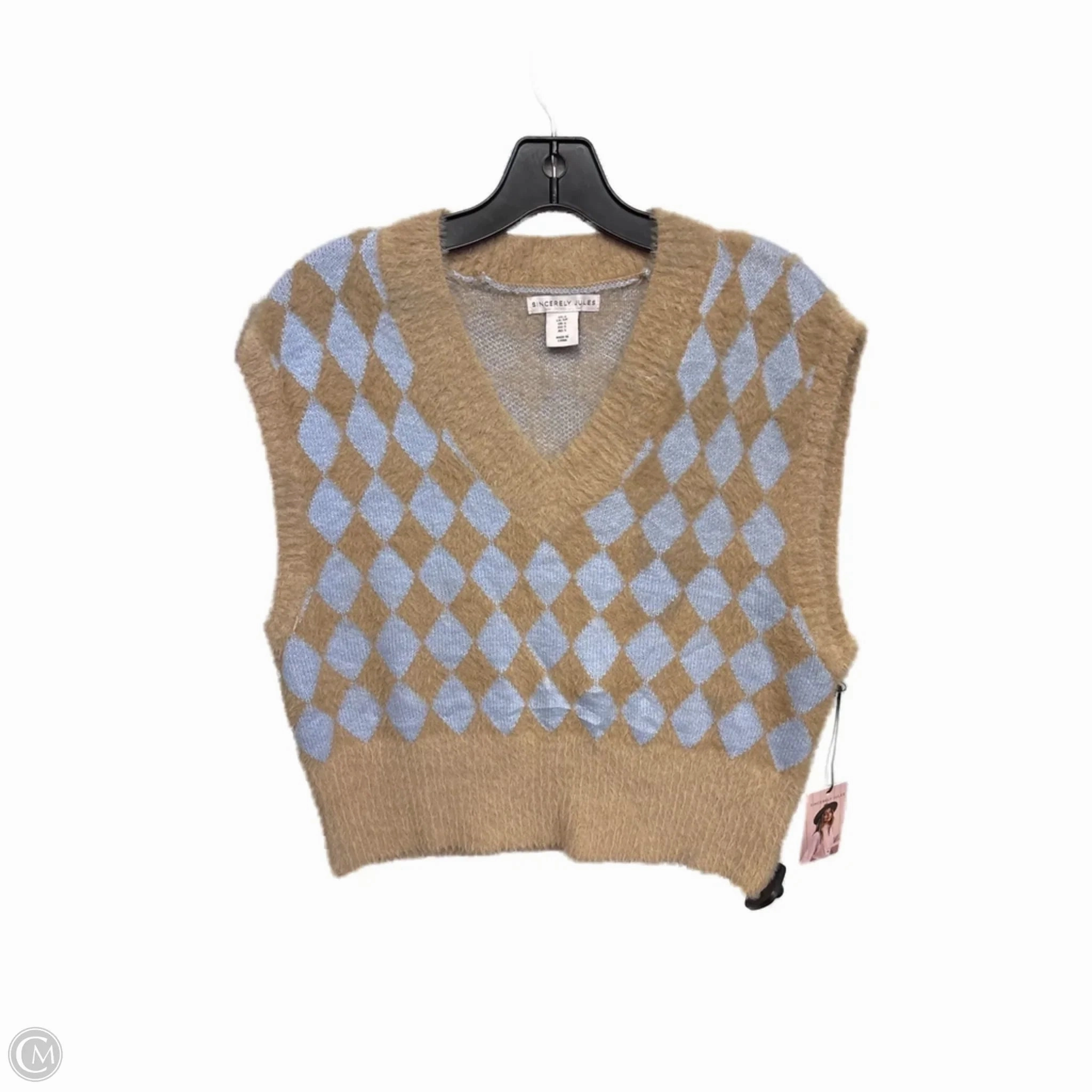 Vest Sweater By Clothes Mentor In Blue & Brown, Size: S Drop Tail Hem Zippered Pockets
