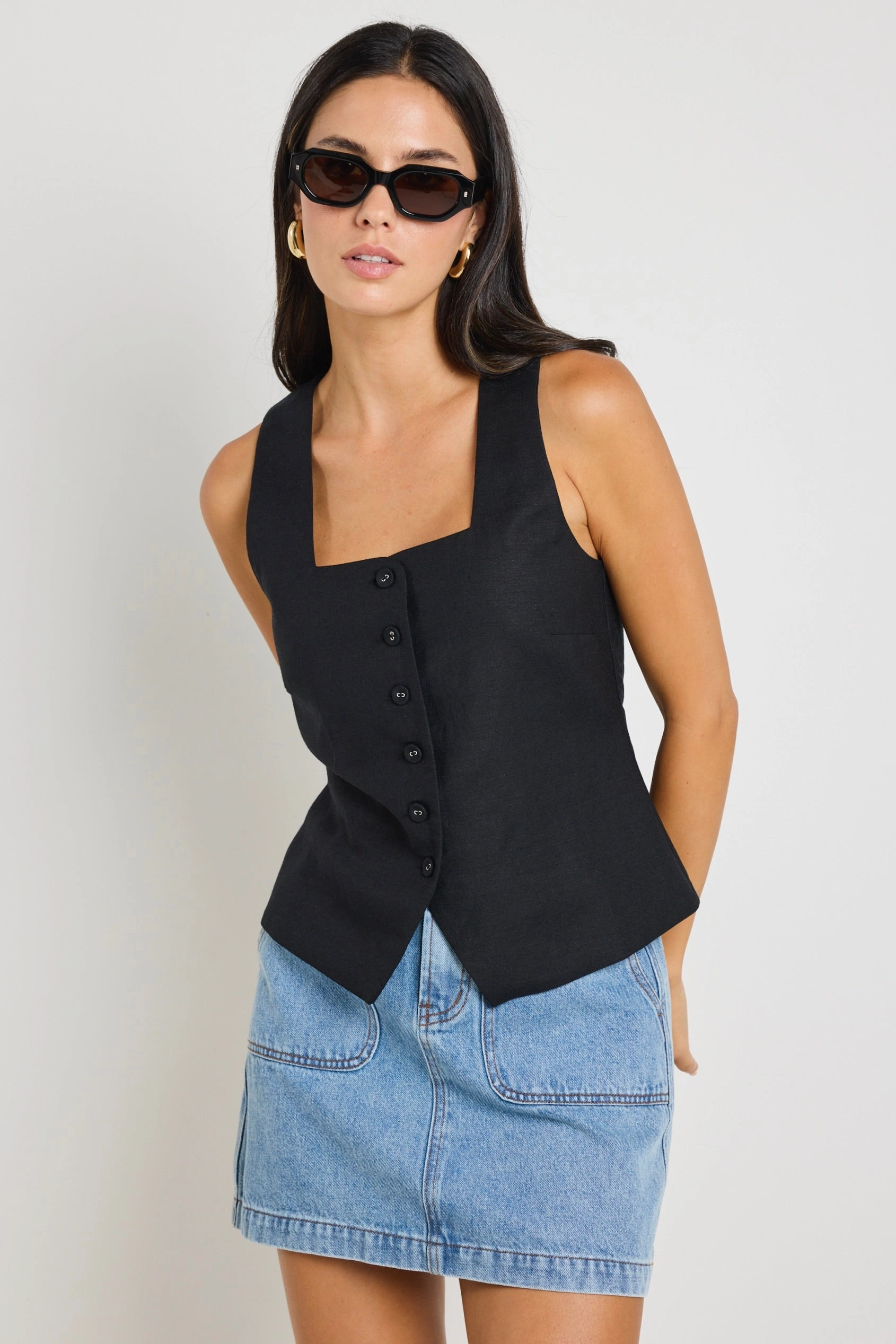 Tension Balanced Viaduct Black Linen Viscose Sleeveless Vest Top