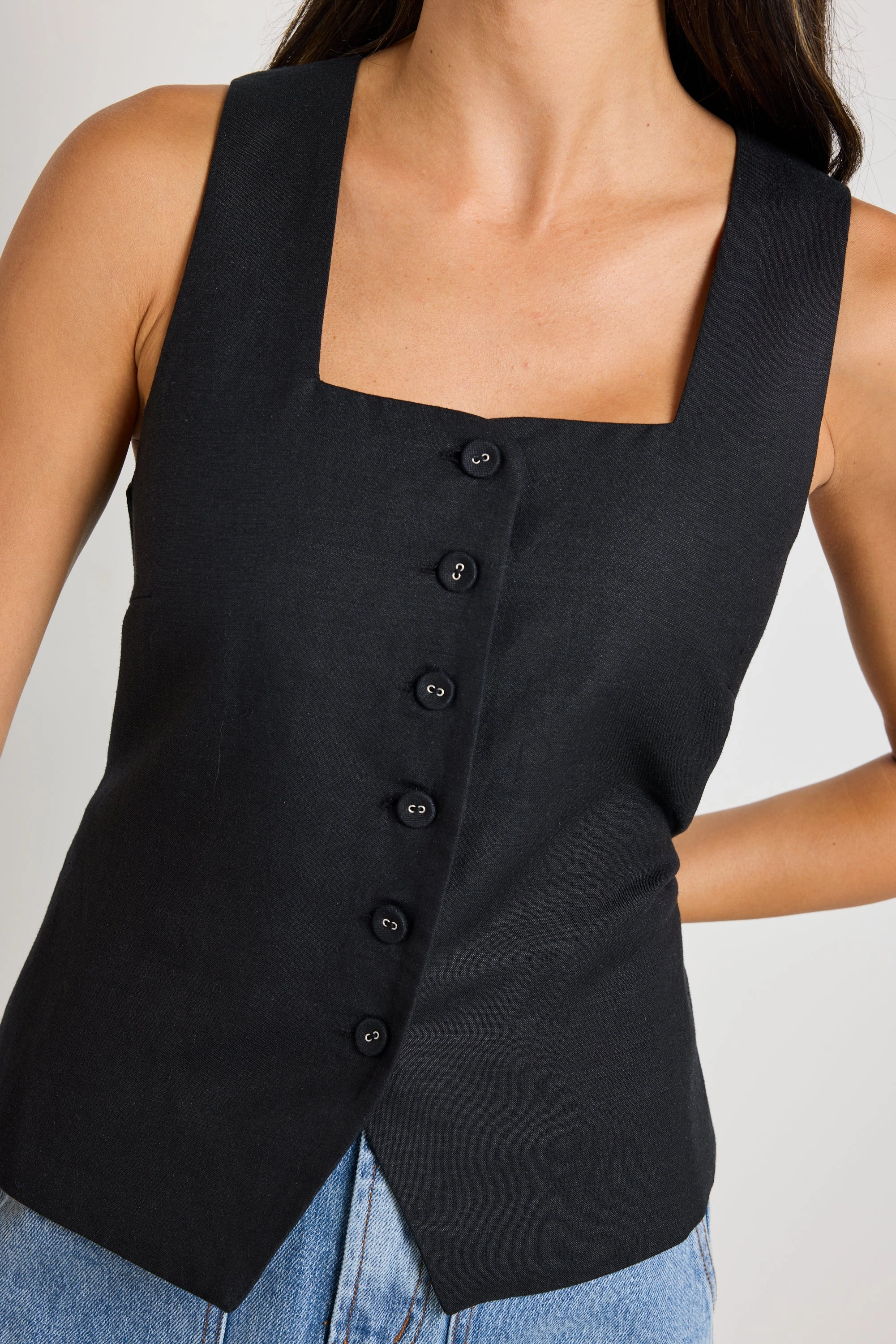 Viaduct Black Linen Viscose Sleeveless Vest Top low - pressure resistance test passed