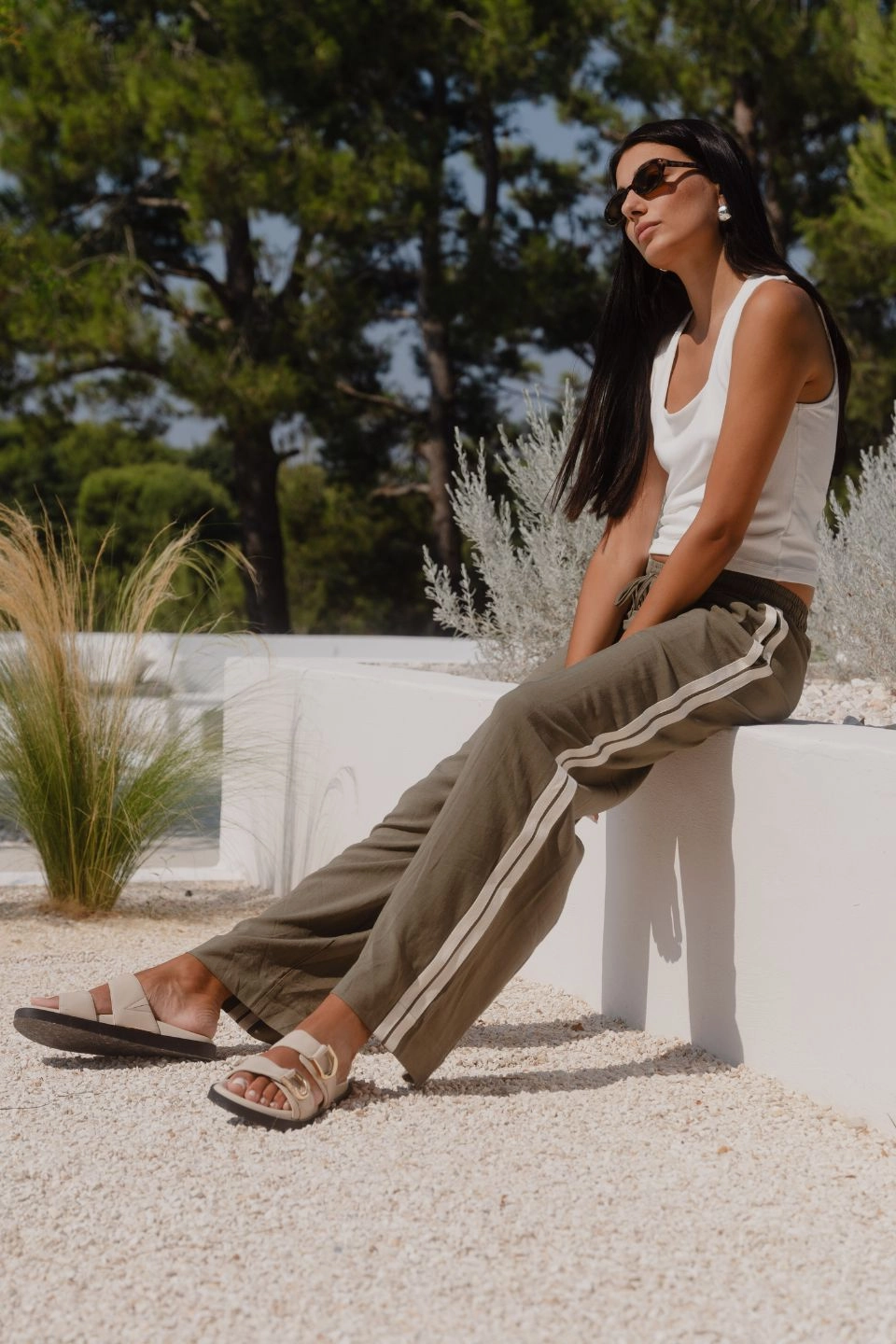 Stretch Panel Vibe Khaki Linen Blend Jacquard Stripe Wide Leg Pants
