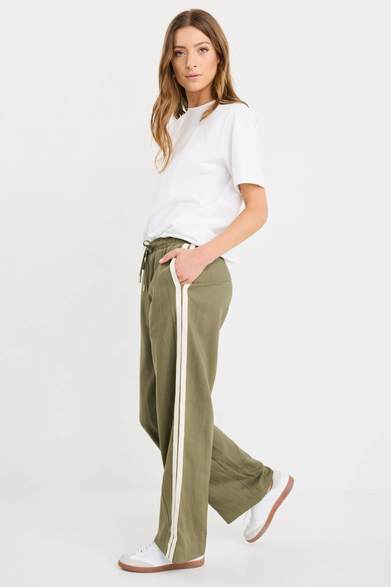 NonIrritatingSeams Agile Fit Vibe Khaki Linen Blend Jacquard Stripe Wide Leg Pants