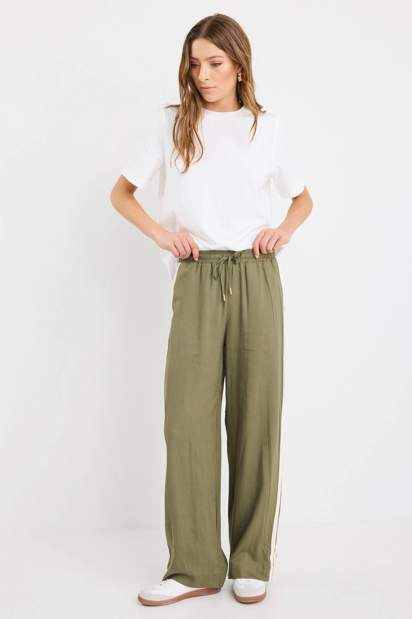Athletic Flex Wear GussetedCrotch Vibe Khaki Linen Blend Jacquard Stripe Wide Leg Pants