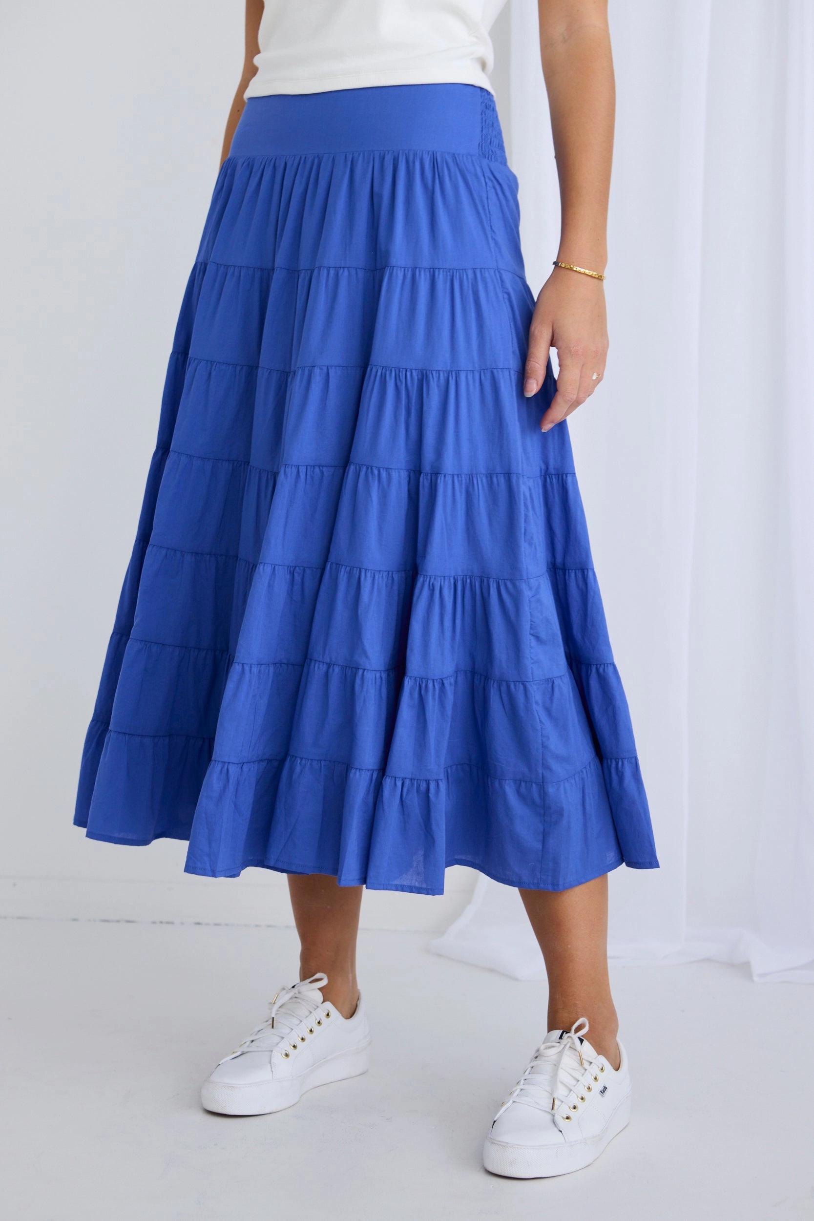 Inverted Pleats Refined Edge Lyrical Electric Blue Cotton Voile Multi Tiered Maxi Skirt