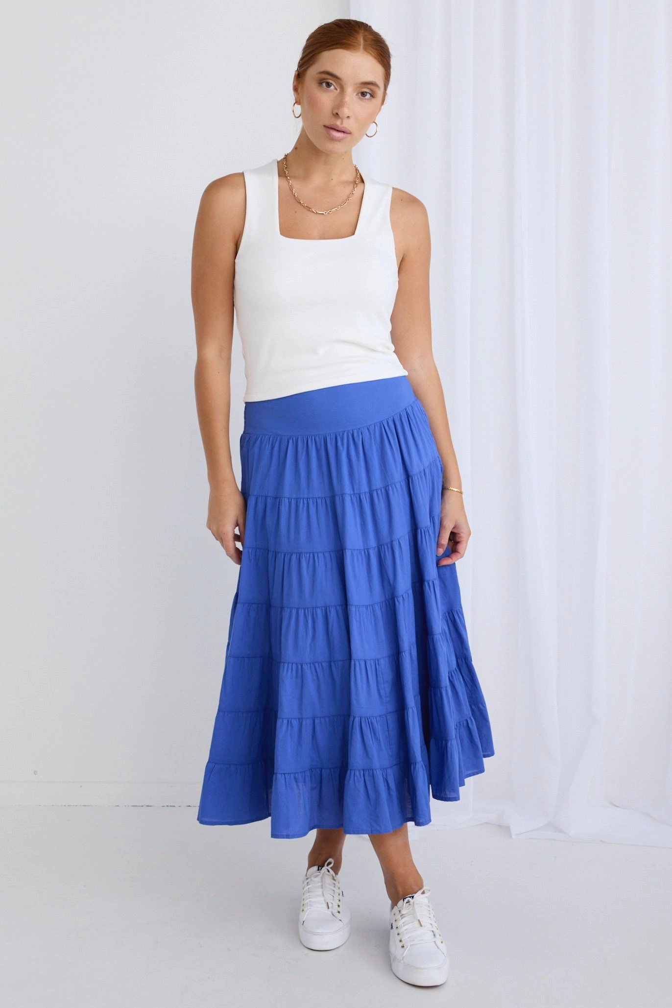 Lyrical Electric Blue Cotton Voile Multi Tiered Maxi Skirt Non Restrictive Fit Relaxed Vibe