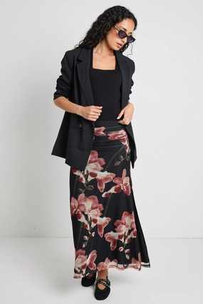 Manner Blush Floral Rouched Mesh Midi Skirt Polished Fit