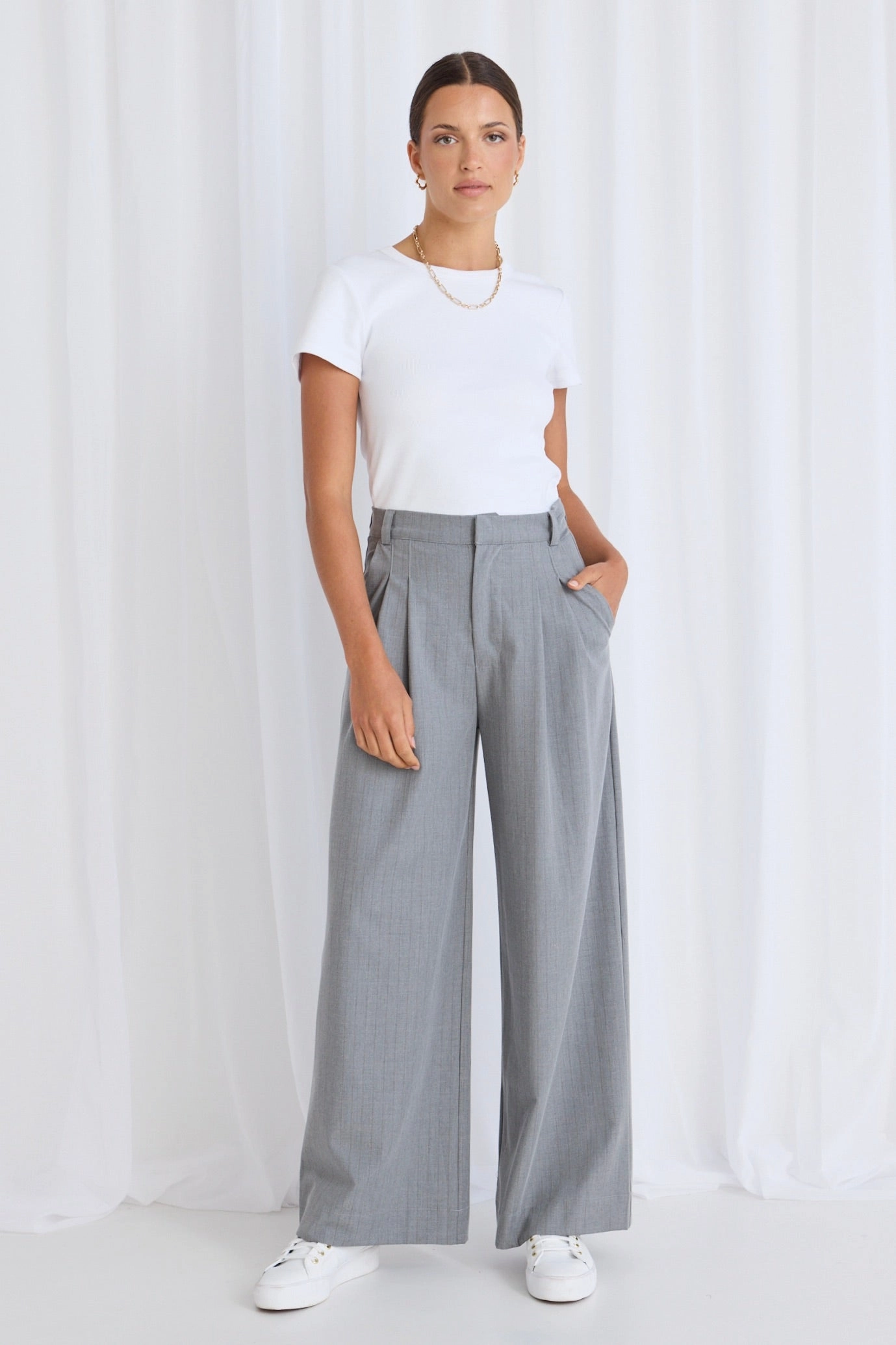 Vice Grey Pinstripe Pleat Front Manstyle Wide Leg Pant Flattering Comfort Wear