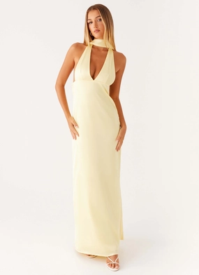 Alicia Satin Halter Maxi Dress - Yellow Day Romance Contemporary Style