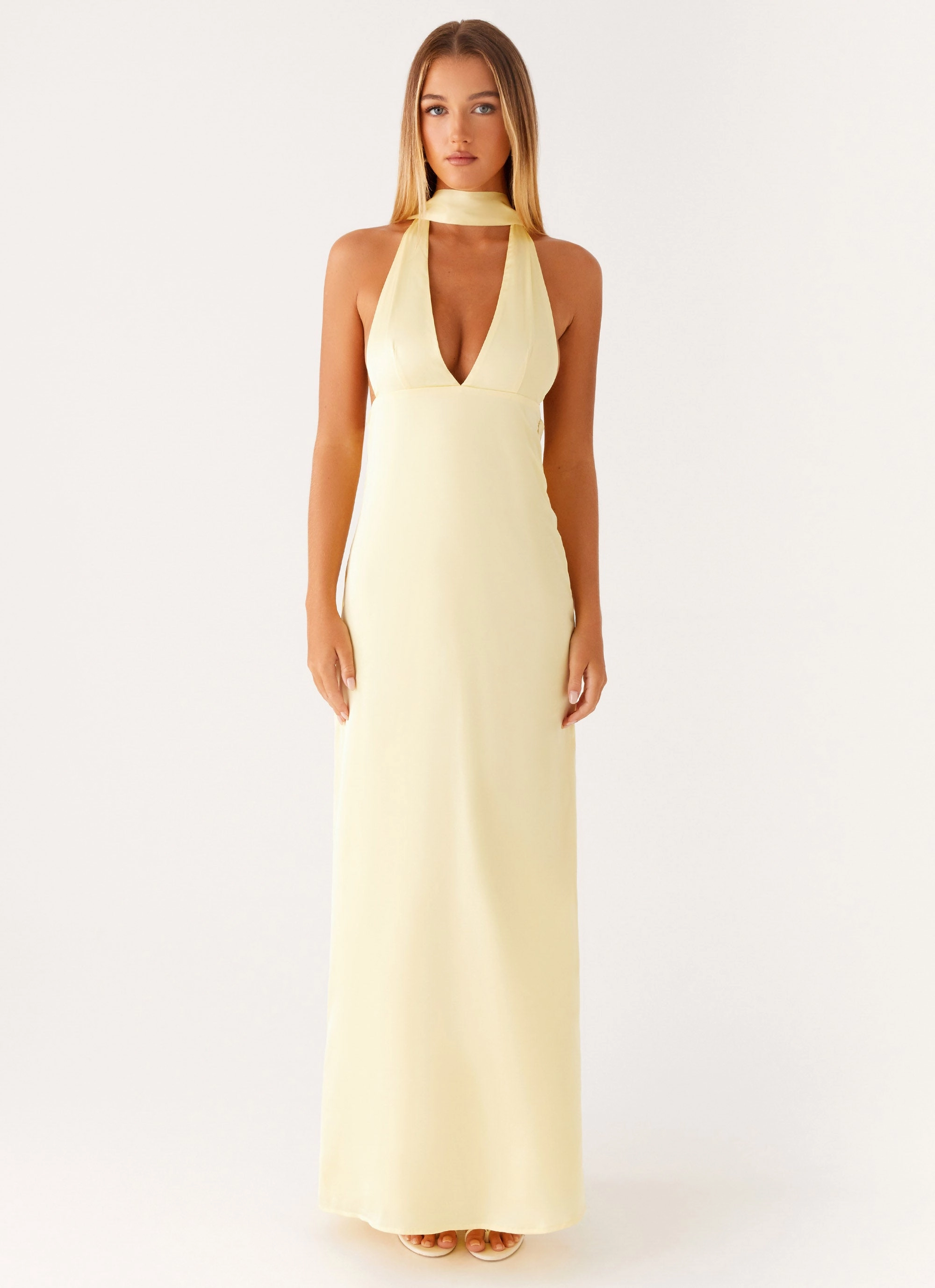 Open-back Alicia Satin Halter Maxi Dress - Yellow