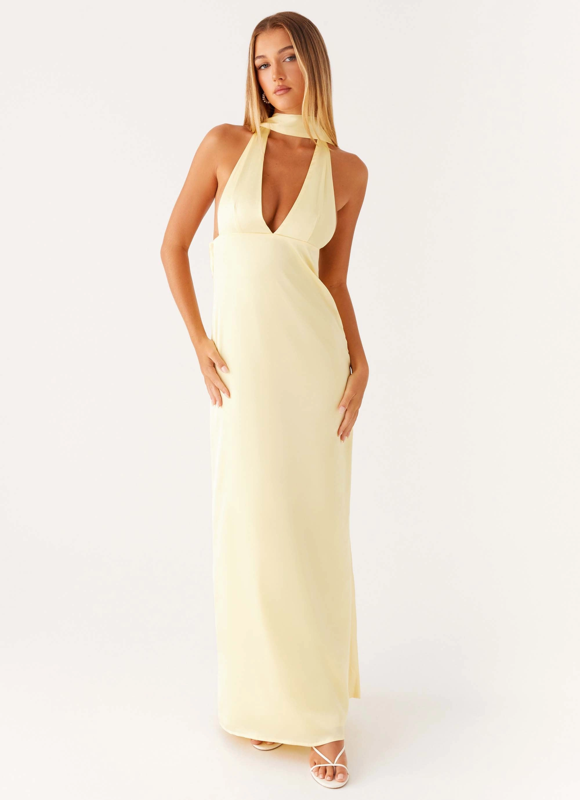 Alicia Satin Halter Maxi Dress - Yellow Day Romance Contemporary Style
