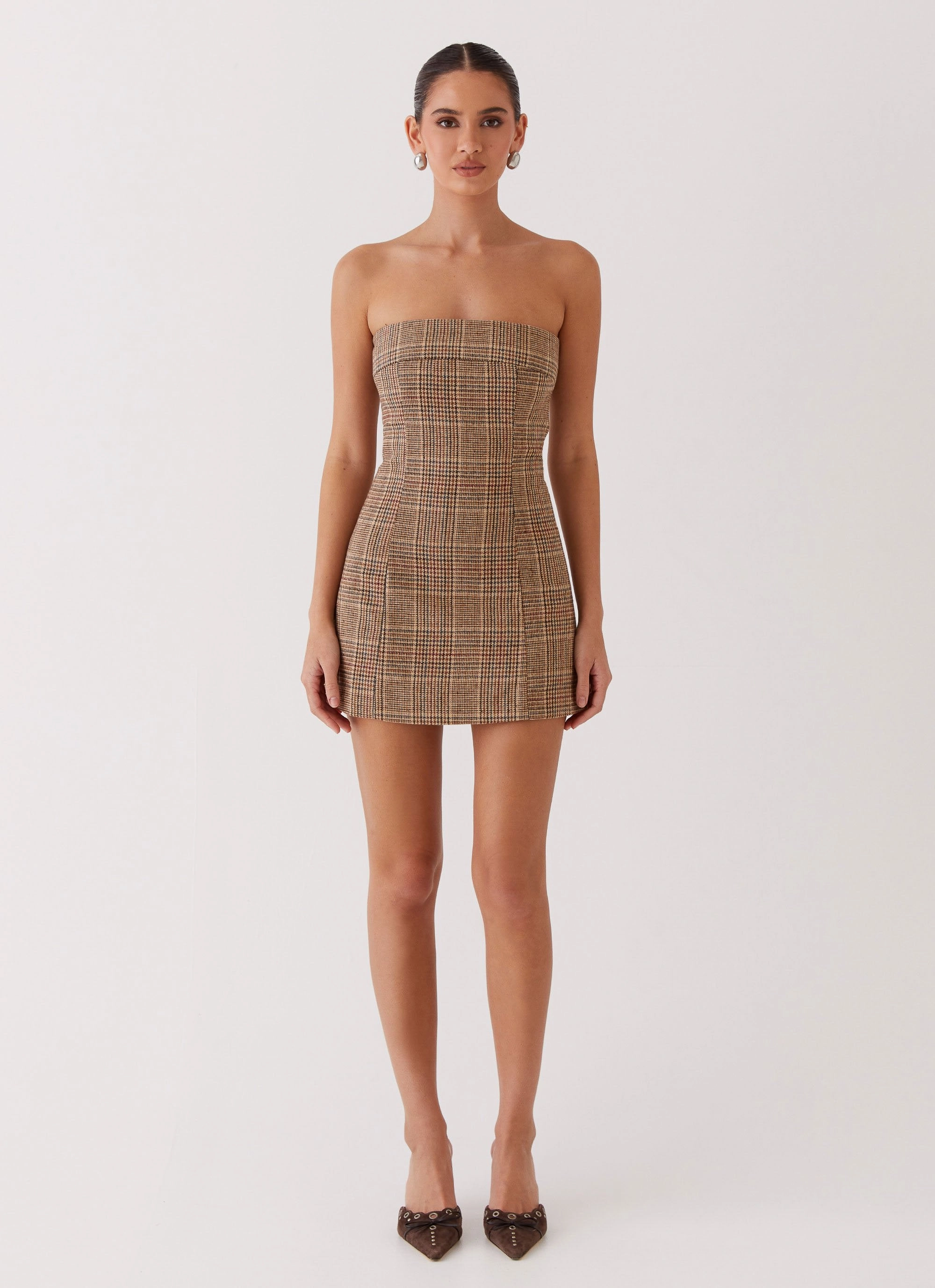 Vivenda Strapless Mini Dress - Brown Plaid Feminine Style Chic Silhouette