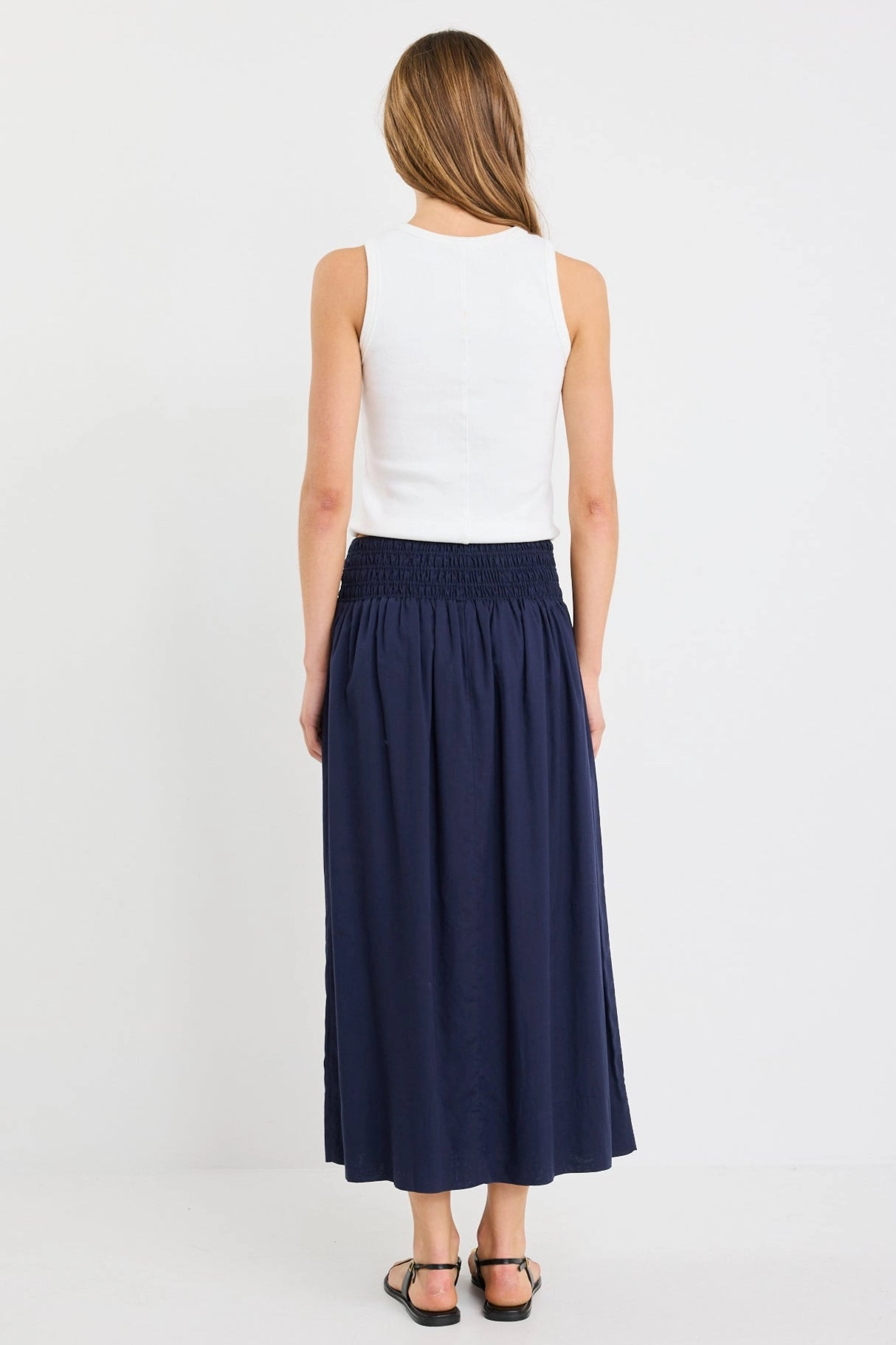 Young adult light colors Wanderlust Navy Linen Blend Shirred Waist Maxi Skirt