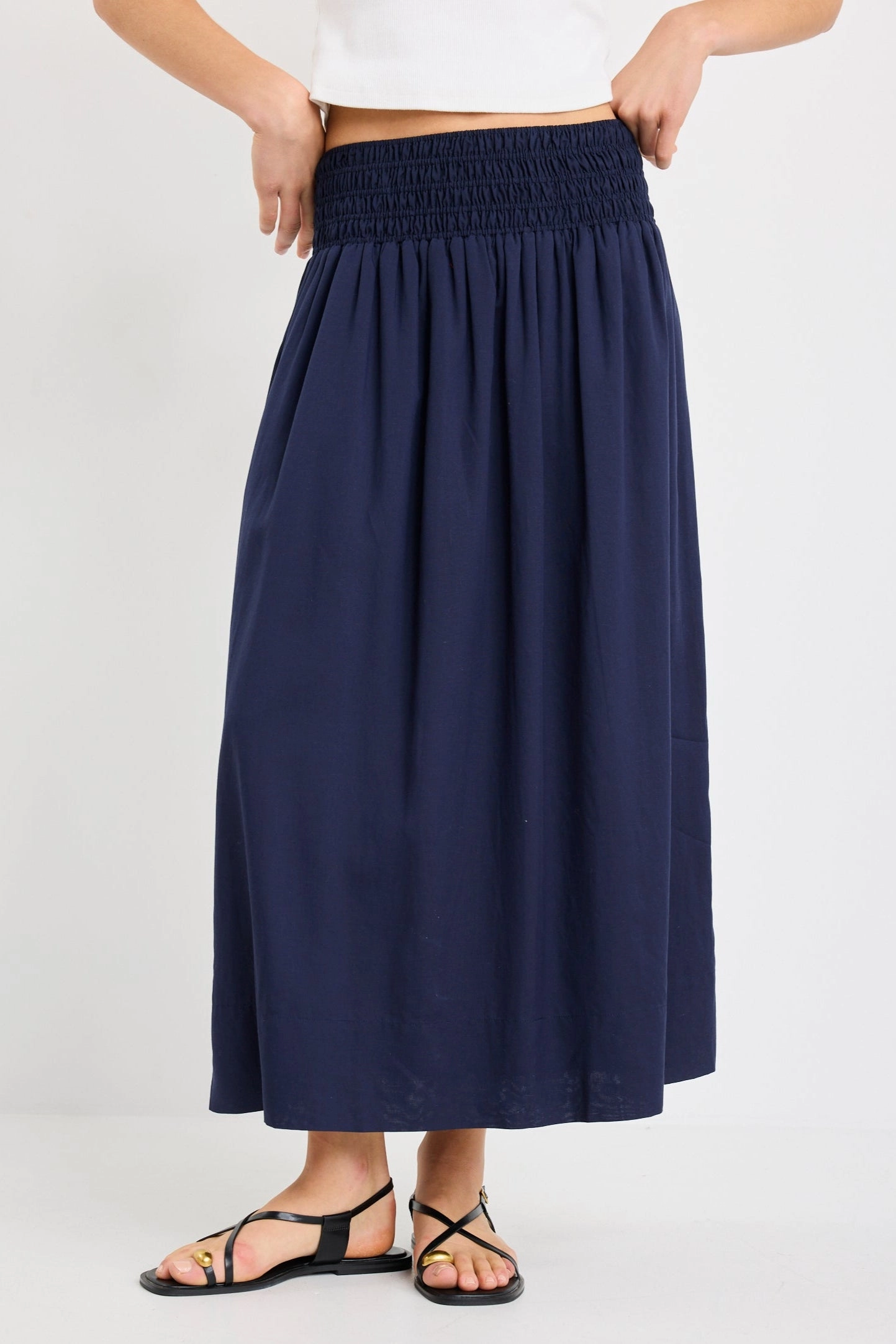 Wanderlust Navy Linen Blend Shirred Waist Maxi Skirt Daily Mood Casual Moments