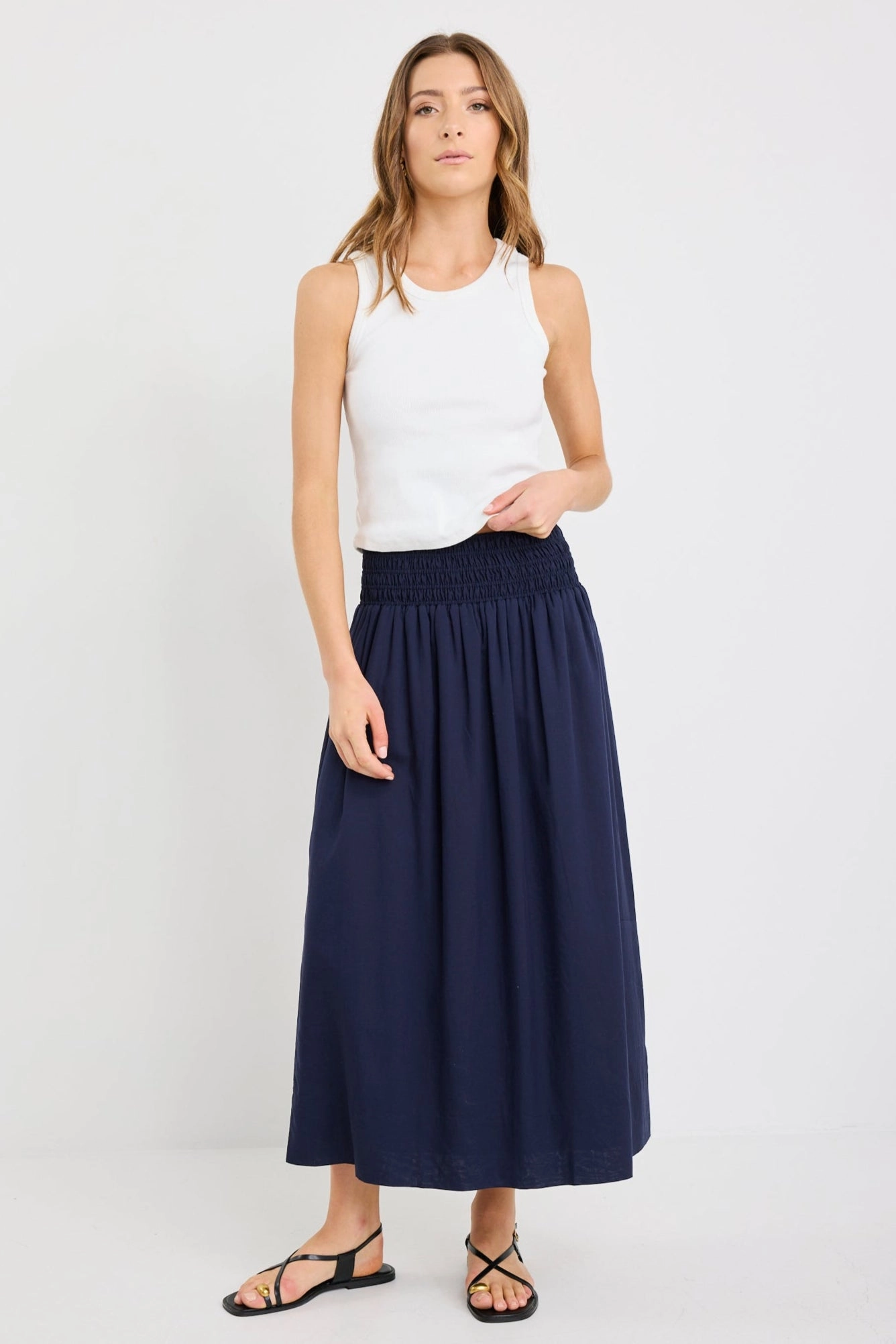 Wanderlust Navy Linen Blend Shirred Waist Maxi Skirt Travel Influence