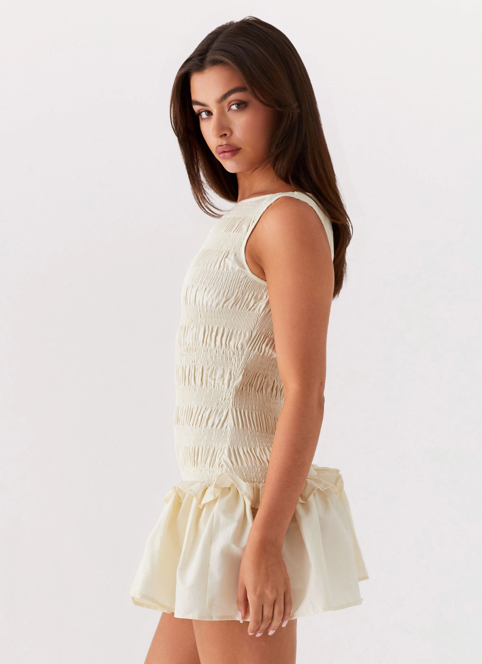 Garden Kisses Shirred Mini Dress - Ivory Office Fit