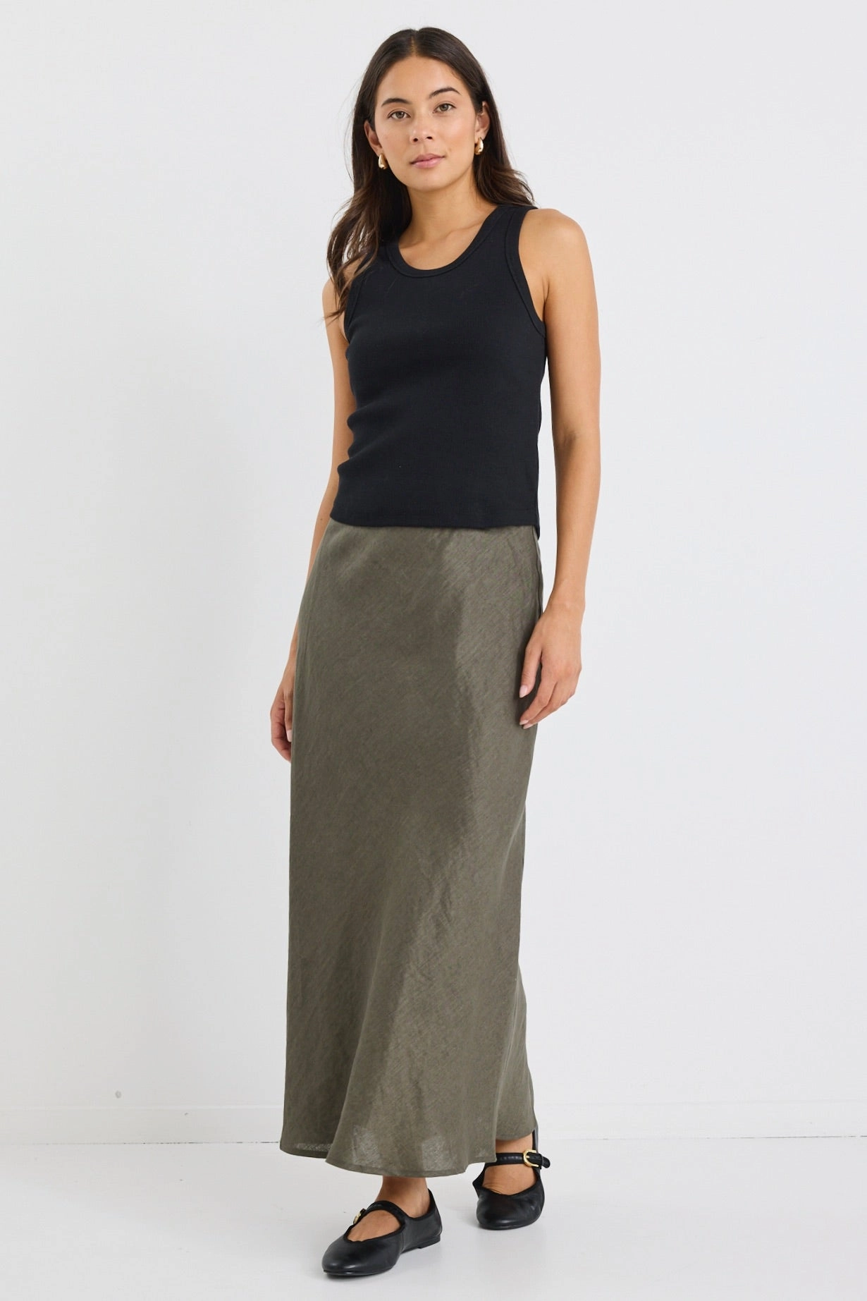 lace accents Bliss Khaki Linen Bias Midi Skirt