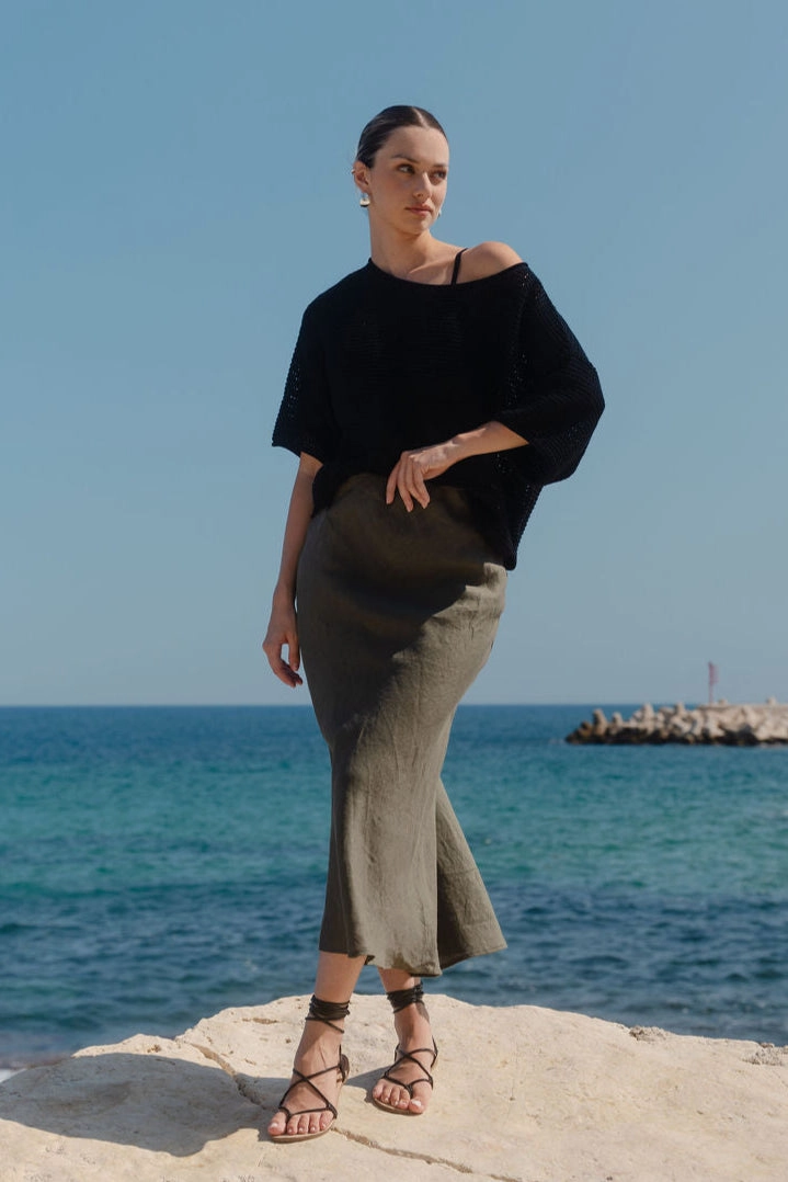 Statement Color Bliss Khaki Linen Bias Midi Skirt