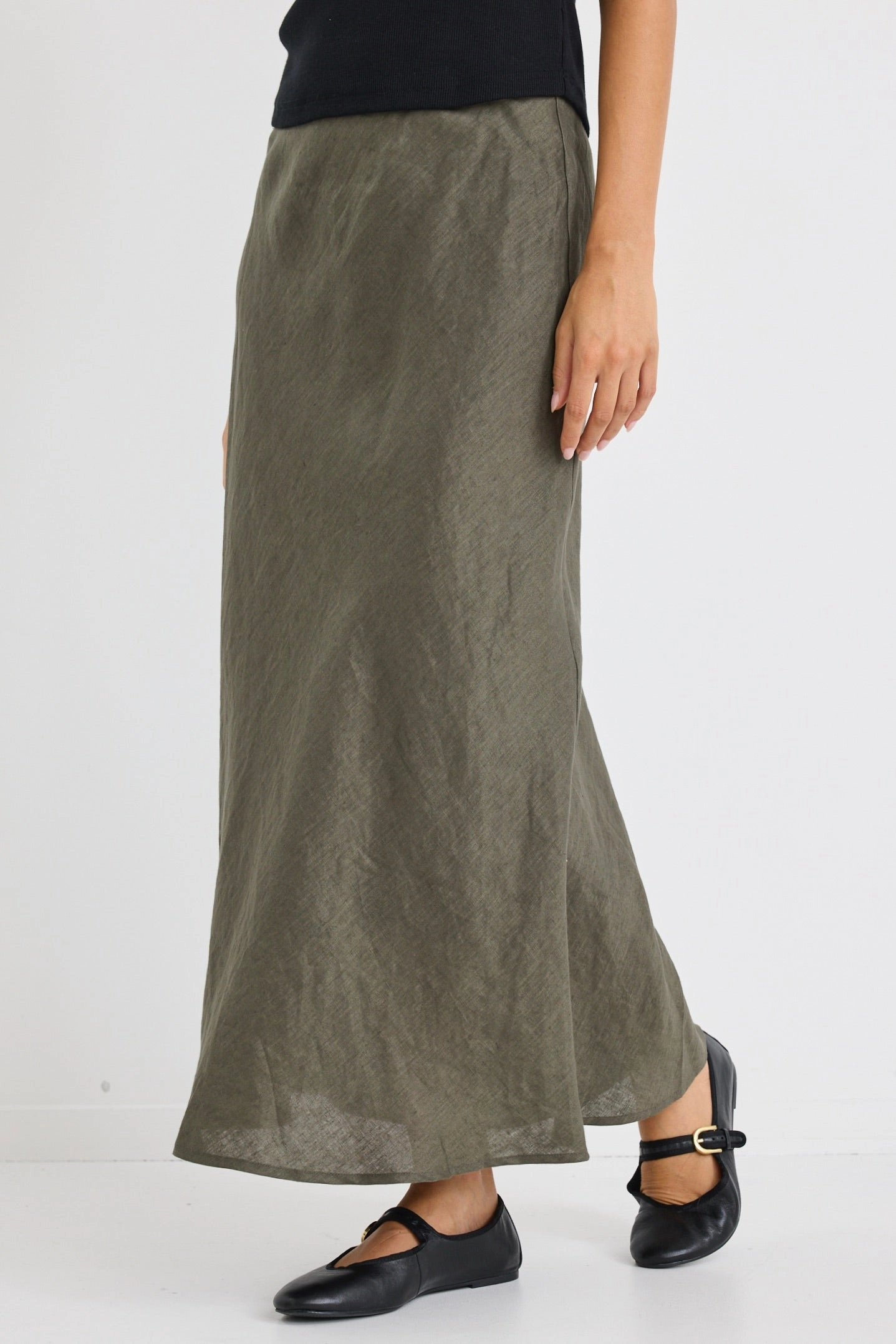 Bliss Khaki Linen Bias Midi Skirt Elasticized Cuff Urban Style