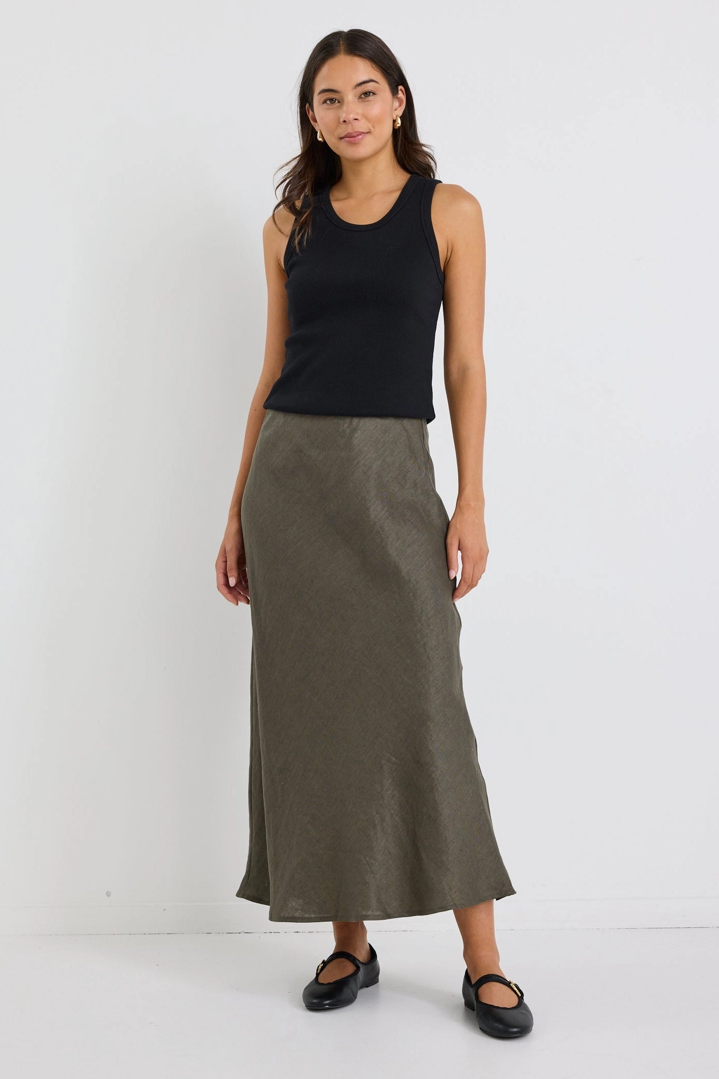 Bliss Khaki Linen Bias Midi Skirt Gentle Wear