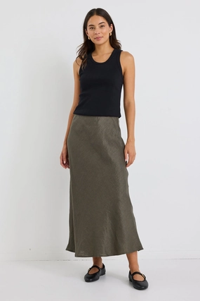 Bliss Khaki Linen Bias Midi Skirt Gentle Wear