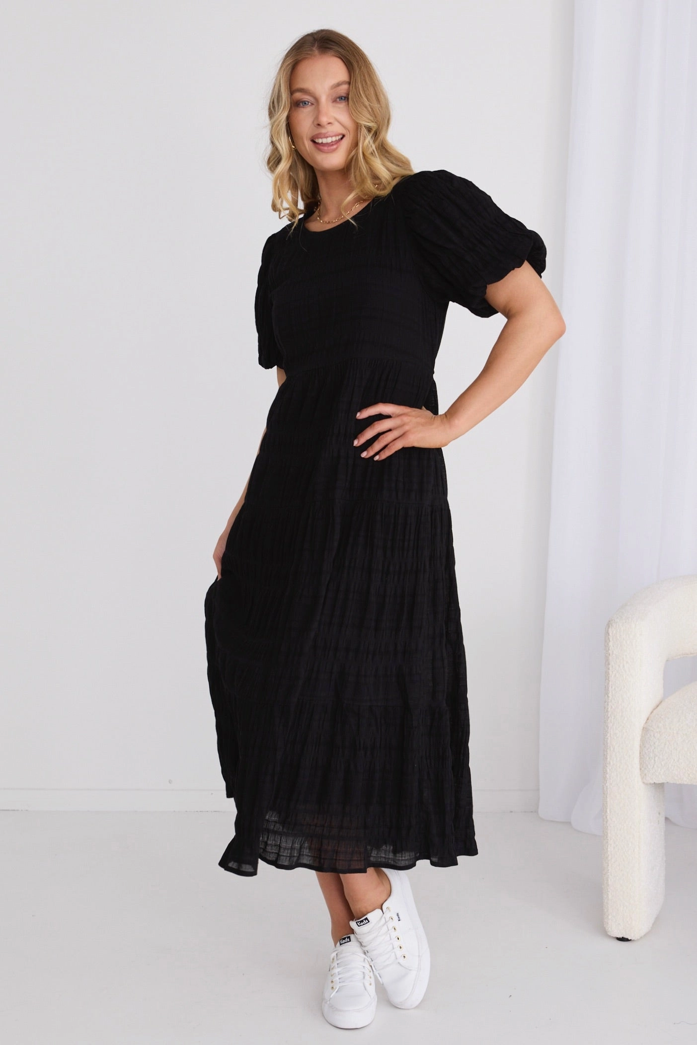 Soft Tones Neutral Finish Graceful Black Shirred Cotton Bubble Sleeve Tiered Maxi Dress