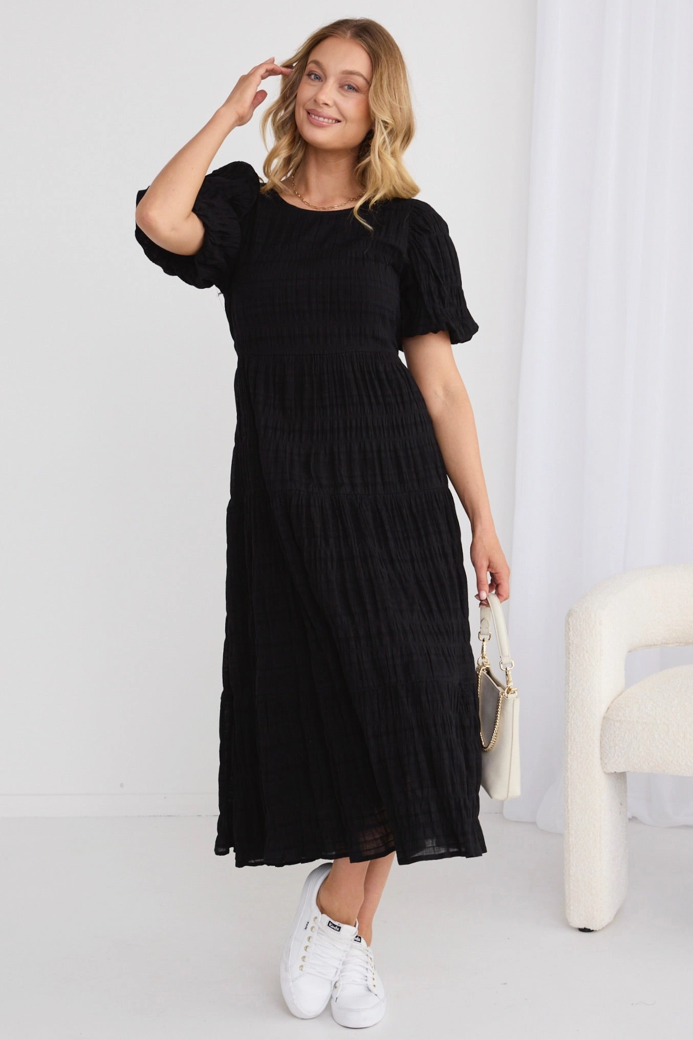 Graceful Black Shirred Cotton Bubble Sleeve Tiered Maxi Dress Maximalist-Trend Comfortable Waist