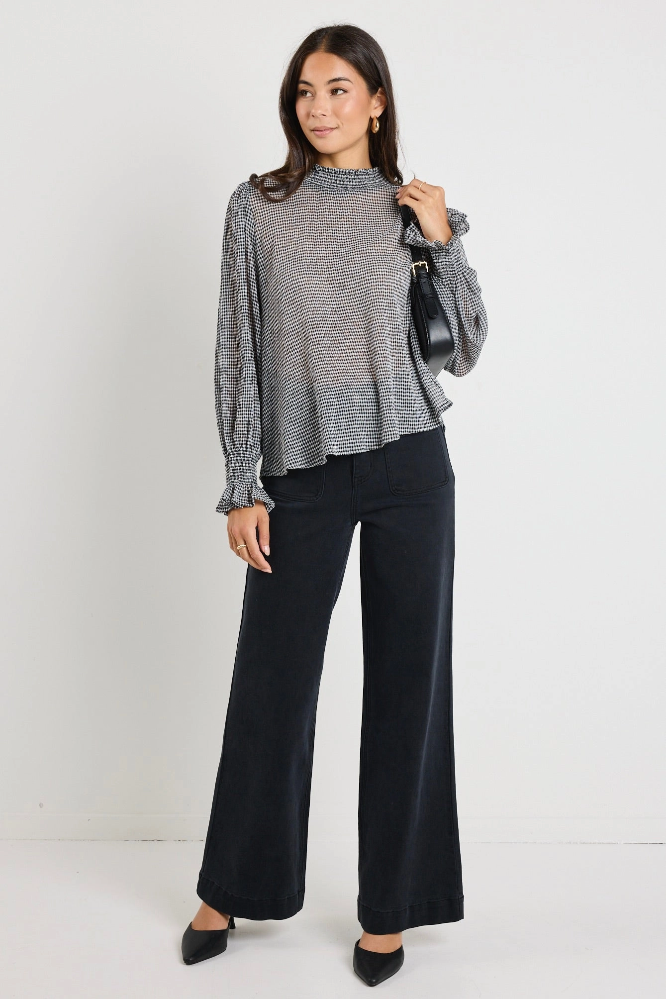 Button Down Collar Style Emphatic Black Gingham Shirred Neck Ls Top