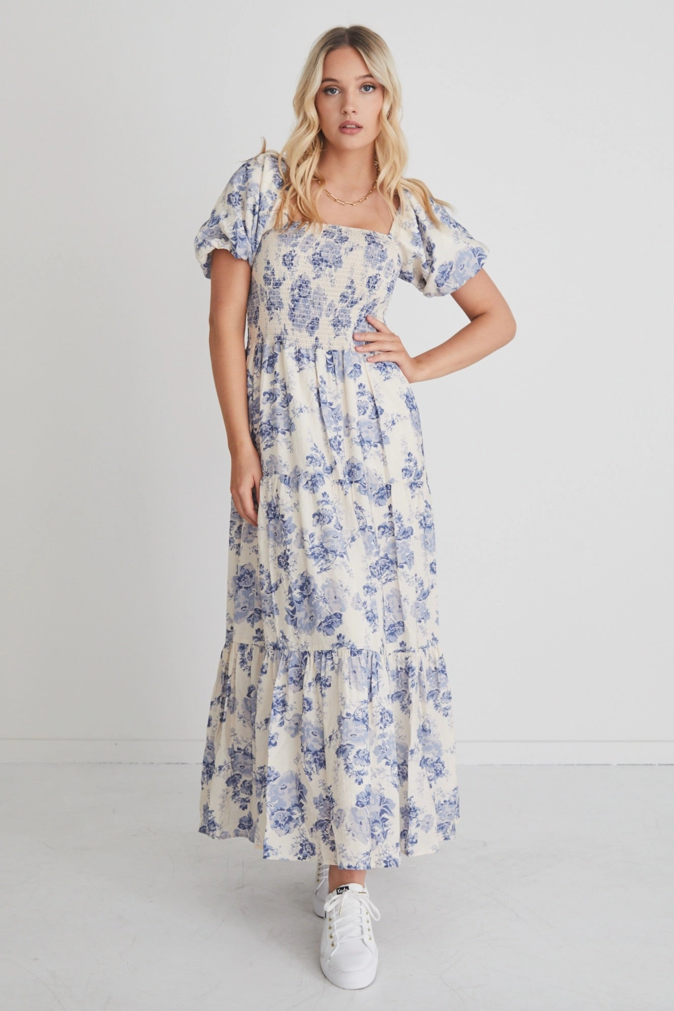 Raven Blue Floral Puff Sleeve Tiered Maxi Dress vacation look