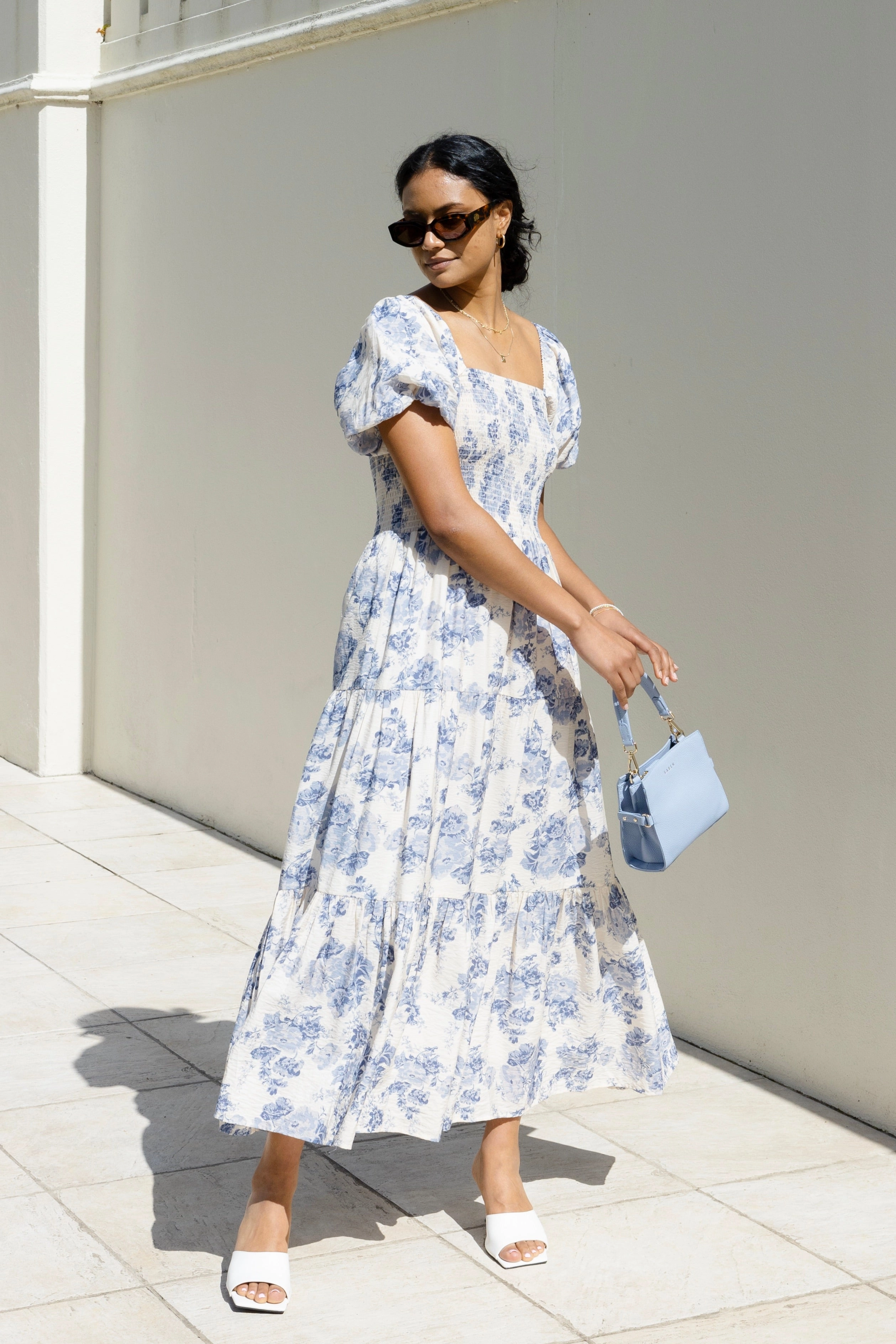Neutral-Shade Raven Blue Floral Puff Sleeve Tiered Maxi Dress