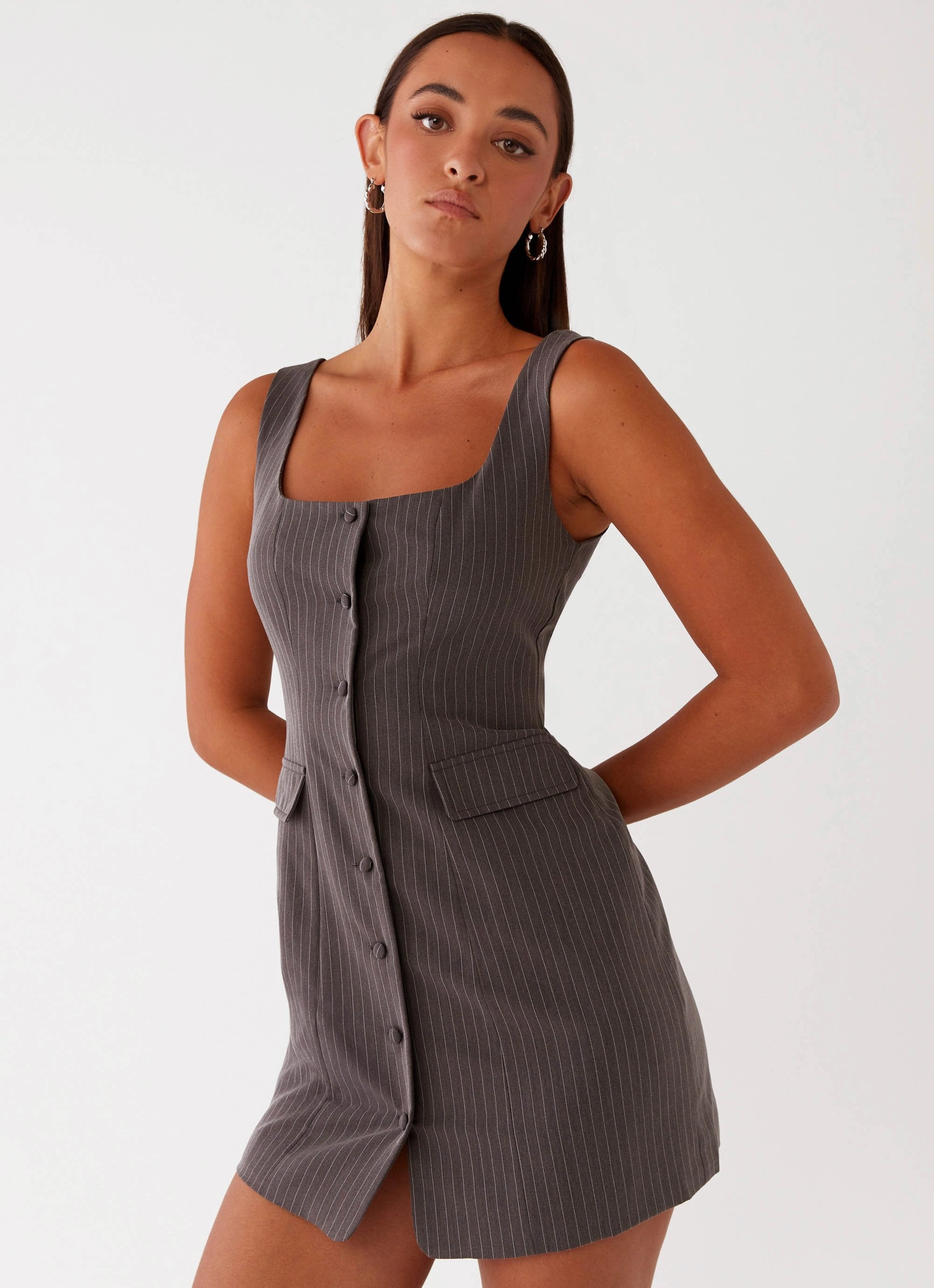 Westwood Mini Dress - Grey Pinstripe Smart Lines