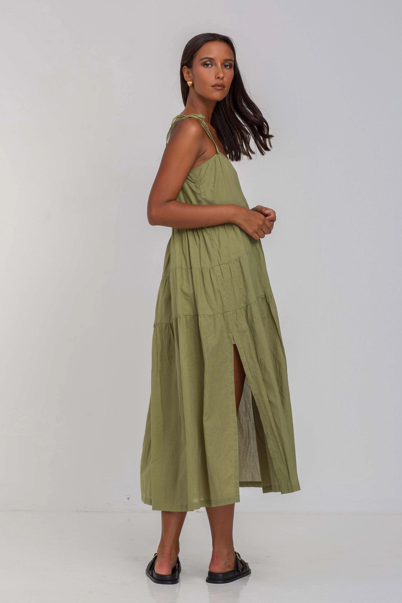 Draped Silhouette Classic Vibe When Time Stood Still Crispy Moss Midi Dress