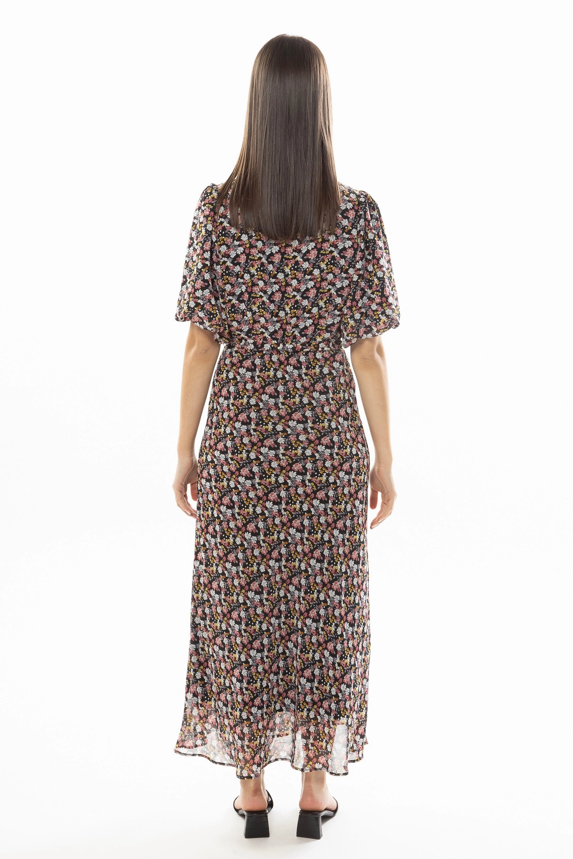 Smooth Look Luxe Touch Whimsical Pink Blue Floral  SS Bias Cut Midi Dress