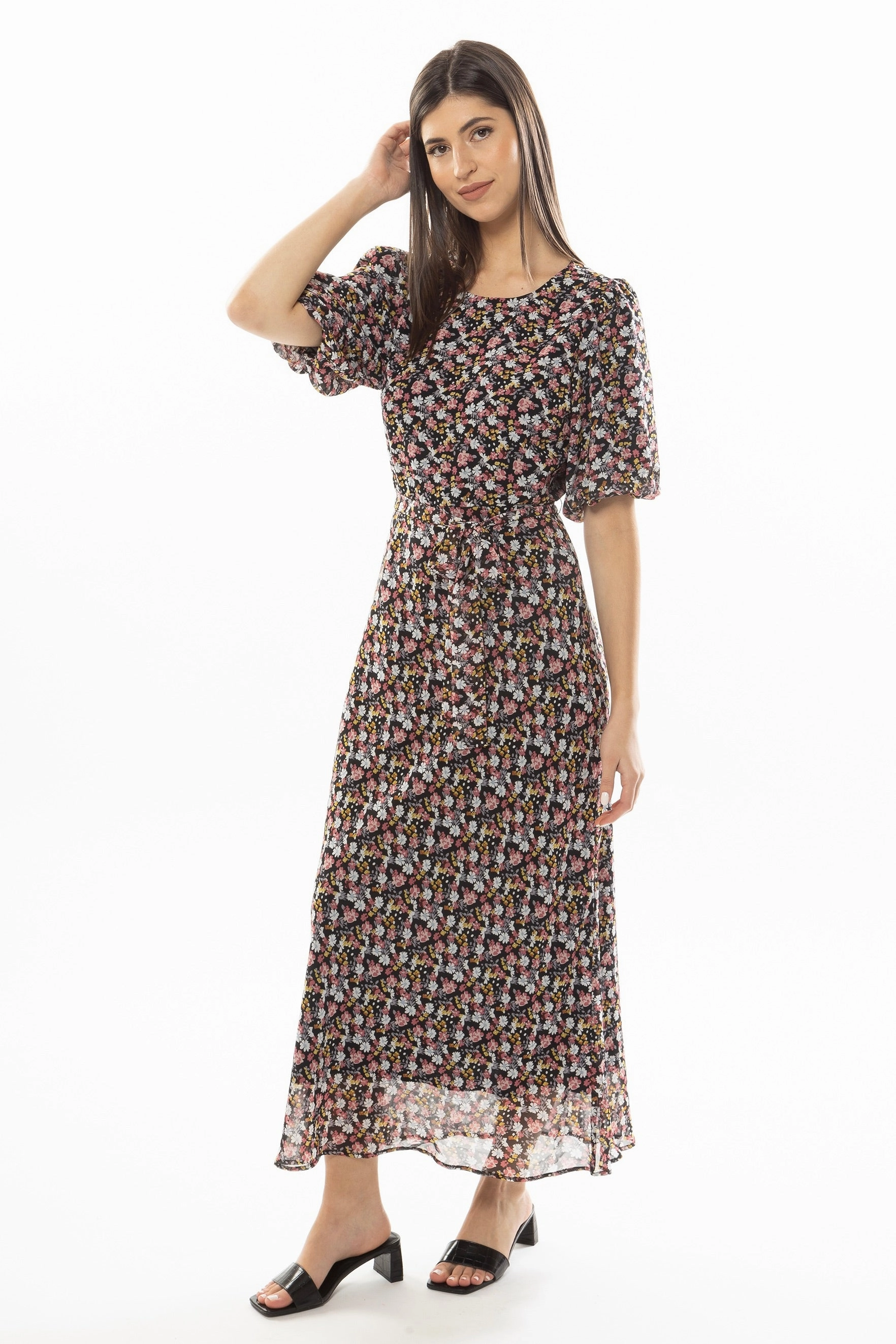 Whimsical Pink Blue Floral  SS Bias Cut Midi Dress Signature-Style