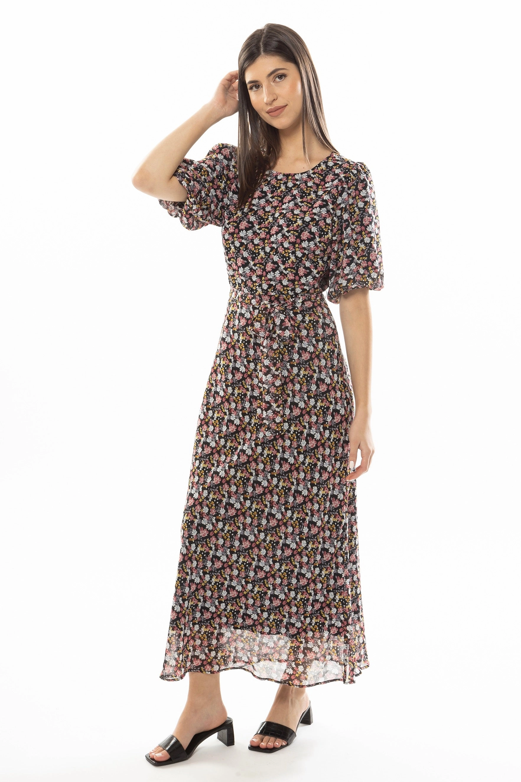 Whimsical Pink Blue Floral  SS Bias Cut Midi Dress Wrinkle-Free-Finish