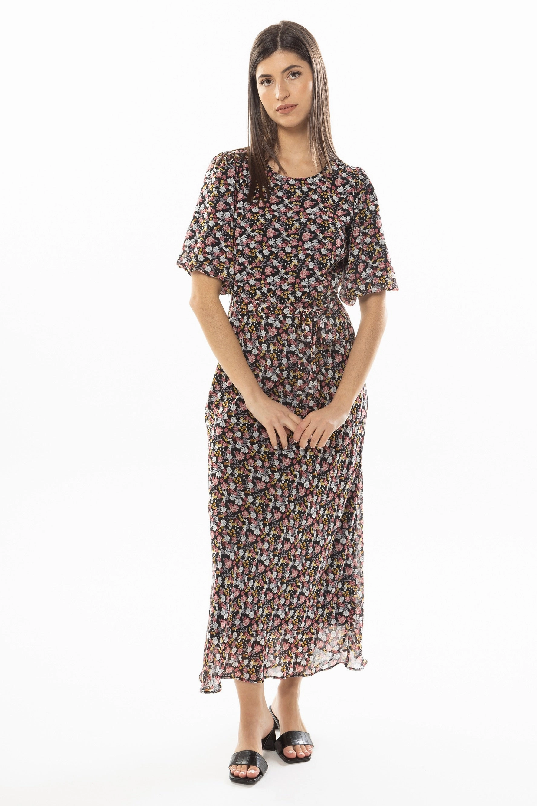 Whimsical Pink Blue Floral  SS Bias Cut Midi Dress Sharp Motion Frayed-Edge