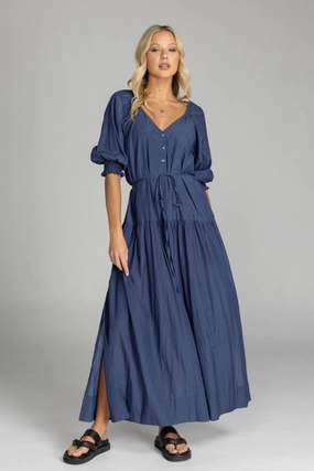 Whispered Promises Navy Button Front Mid Sleeve Maxi Dress Charming Design Comfortable Silhouette