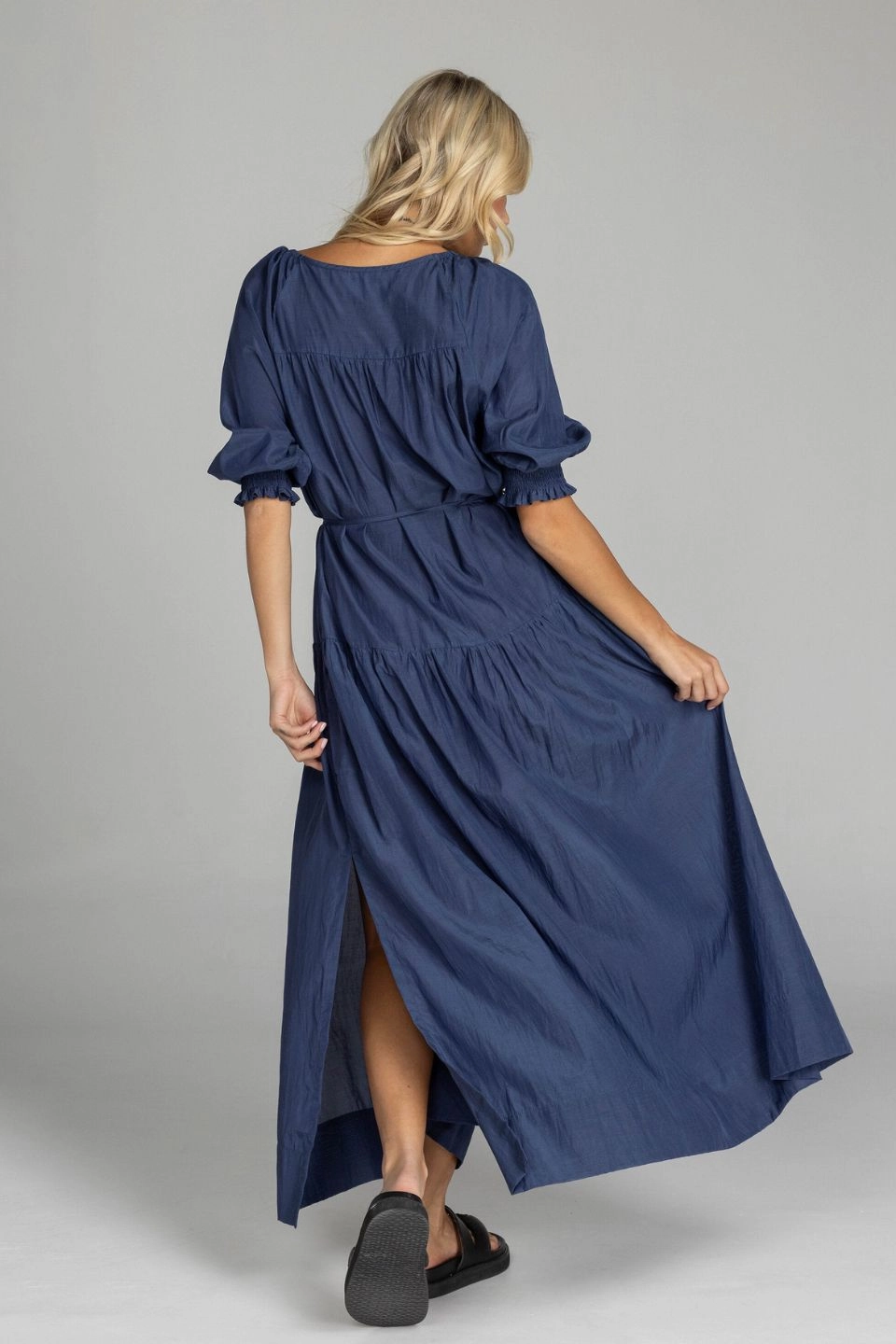 Perfect Mood Floral Swing Whispered Promises Navy Button Front Mid Sleeve Maxi Dress