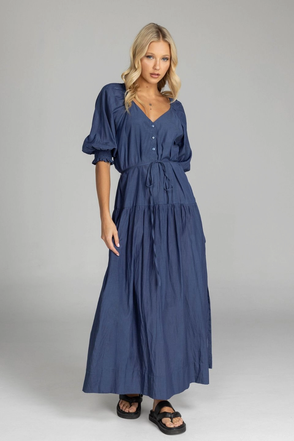 Whispered Promises Navy Button Front Mid Sleeve Maxi Dress Brunch Fit Flattering Style Fit