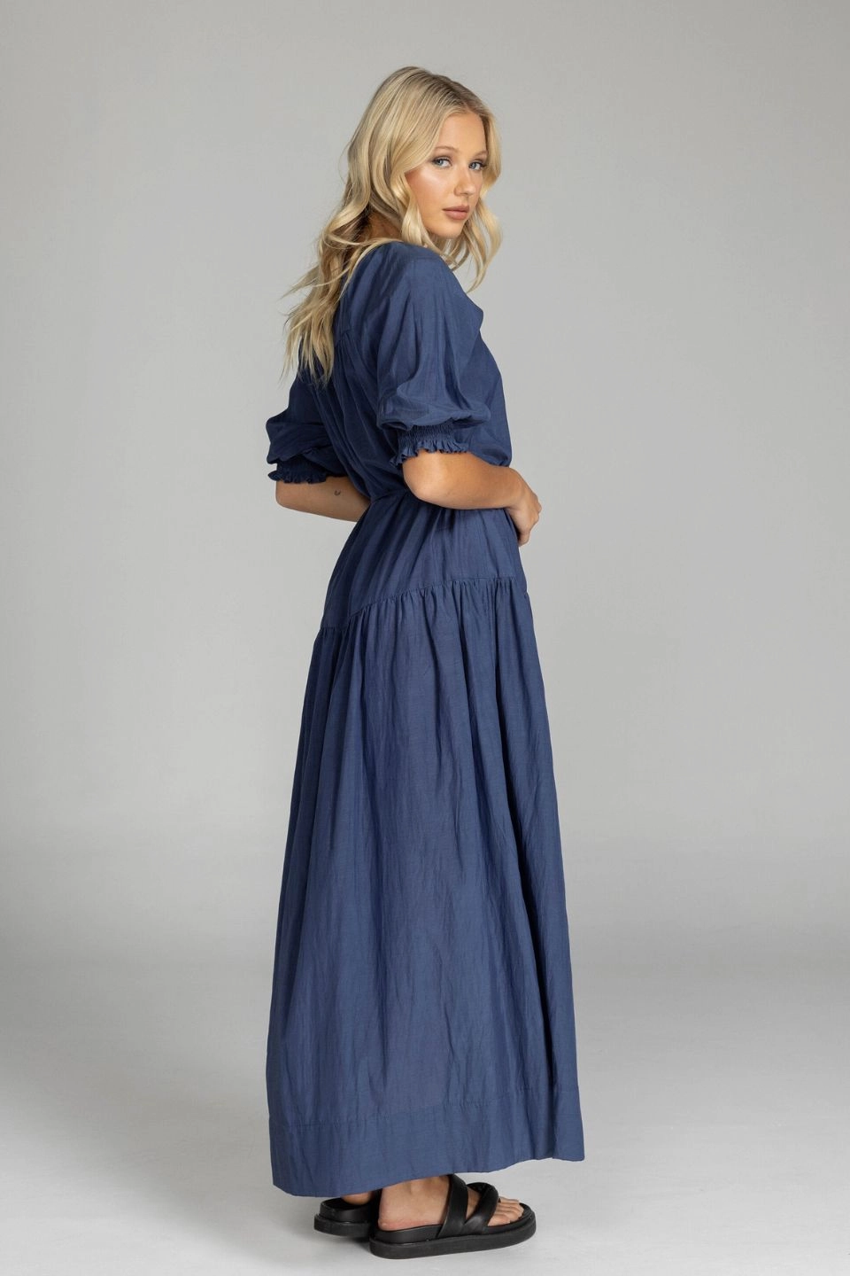 Whispered Promises Navy Button Front Mid Sleeve Maxi Dress Light Bow Cozy Fit