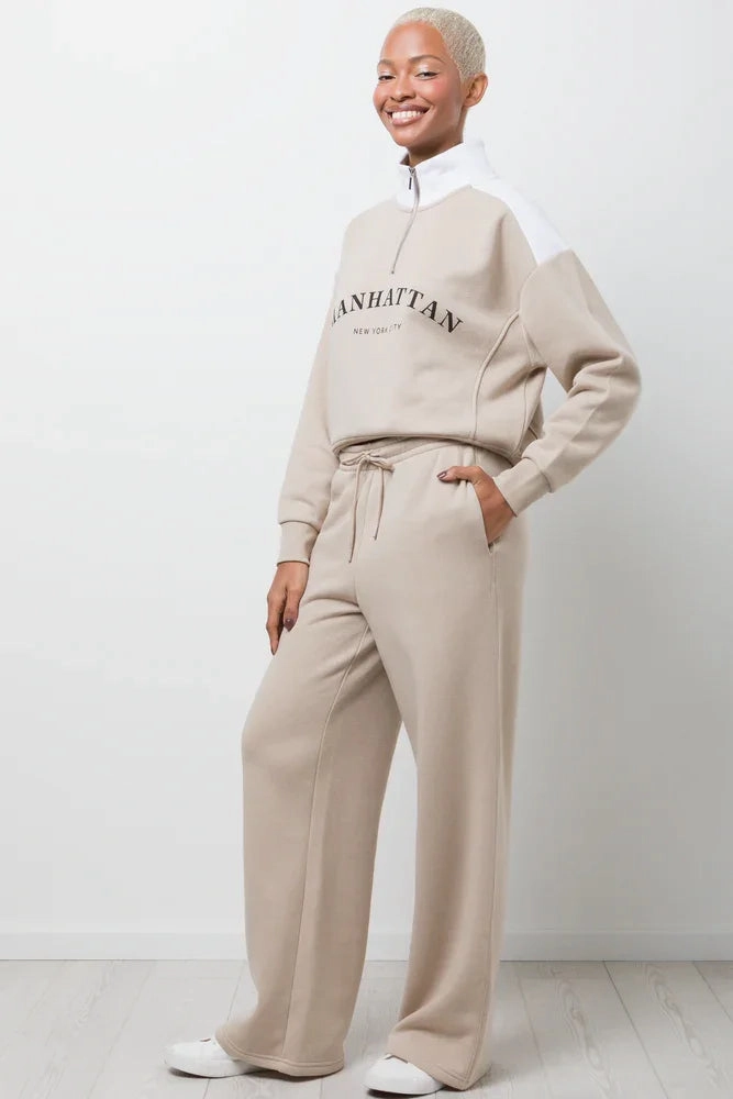 City Walk Skin Friendly Stretch Fit Wide Leg Fleece Pants Natural