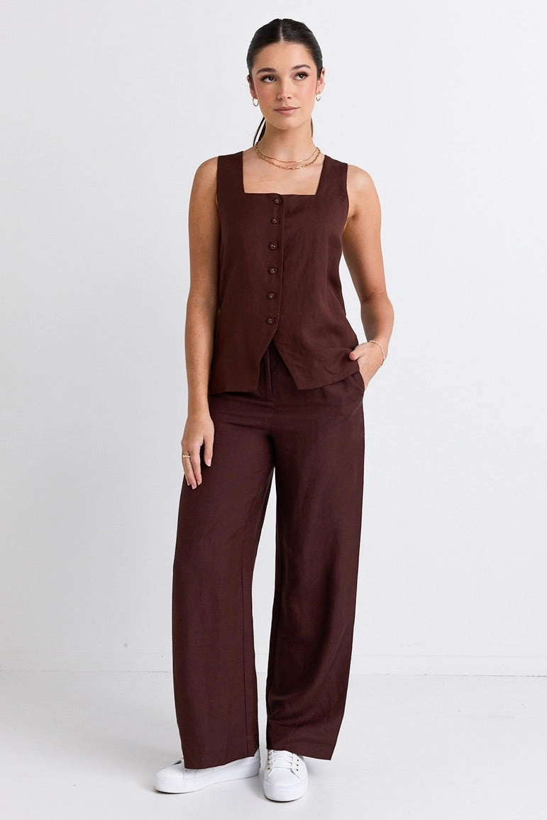 Adjustable Belt Loops Minimalist Fit Island Chocolate Linen Pleat Front Wide Leg Pant